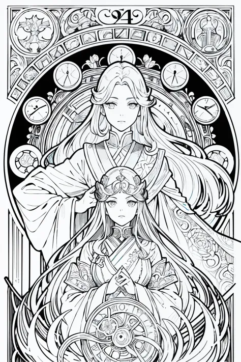 Painting of two women with long hair and a clock, Beautiful line art, black and white line art, Beautiful line art, Very fine in...