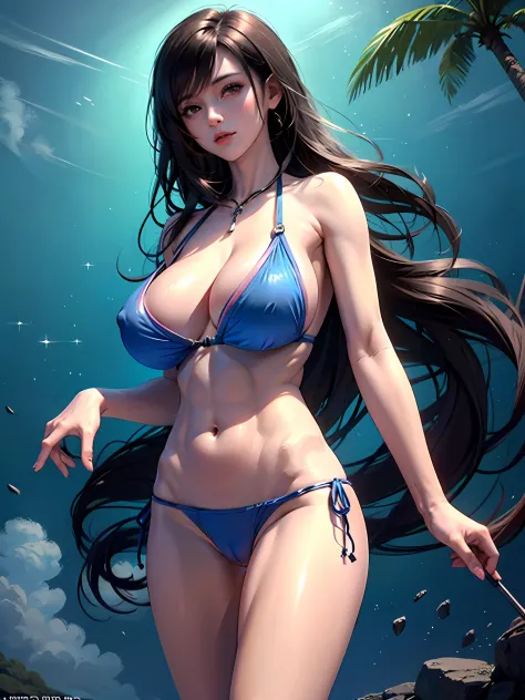 official art, unity 8k wallpaper, ultra detailed, beautiful and aesthetic, masterpiece, best quality, extremely detailed, dynamic angle, cowboy shot, elegant, vivid colours, Tifa lockhart, long black hair, red eyes, hair bangs,(blue bikini:1.5),blue, blue ...