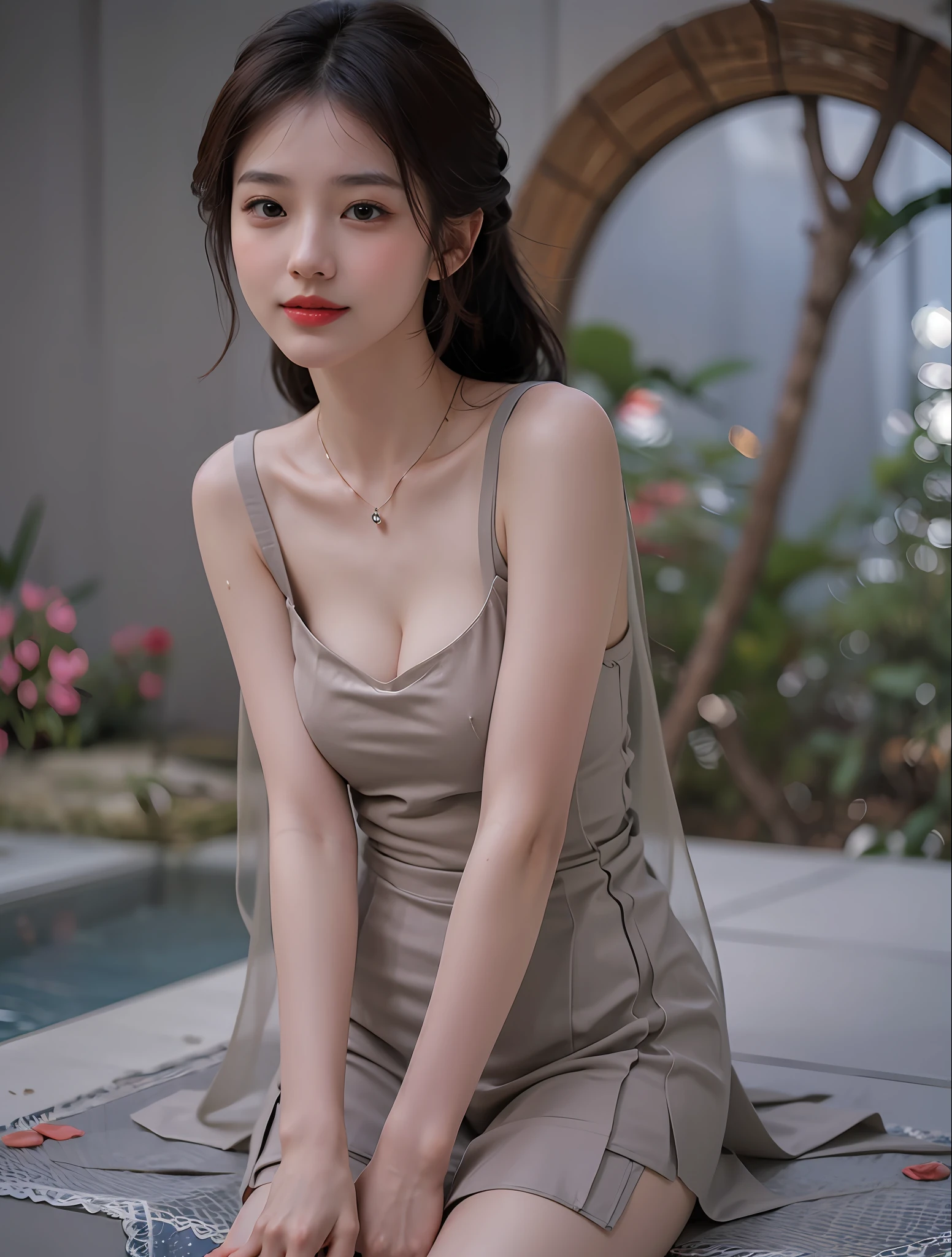 (Highly detailed CG unity 8k wallpaper), (Masterpiece), (Best quality), (Super detail), (best illustration), (Best shadow), (Photorealistic:1.1),(pureerosface_v1:0.5),(Taiwanese cute girl),(Taiwanese Sexy Woman),,Real human skin, Lens flare, shade, Backlight,Lotus pond，Under the lotus，Under the lotus leaves，(Depth of field),(Natural light), filmgrain,((A girl with))),hyper HD,(Detailed eyes:1.4),Brown eyes, Seductive smile,kawaii,(solofocus),(Black hair),((Princess Cut Long Hair, Low Braided Ponytail))(Chinese hair accessories)))(See-Through Grey Hansou),(See-Through Gray Chinese Tan Costume Cloak)))((( Huge and drooping breasts)), (((Cowboy shot)), (Close-up) Blurred background, 18 years old, (((独奏)), (Shiny skin), cutea, wearing a diamond necklace, (watch audience), (Look at the front), (smile512:0.1), (Night), (Big)), (nomake-up), , (wet), (full of sweat), with her mouth open, (squinting: 0.5), (Pubic Area Showing), ((Small areolas)),