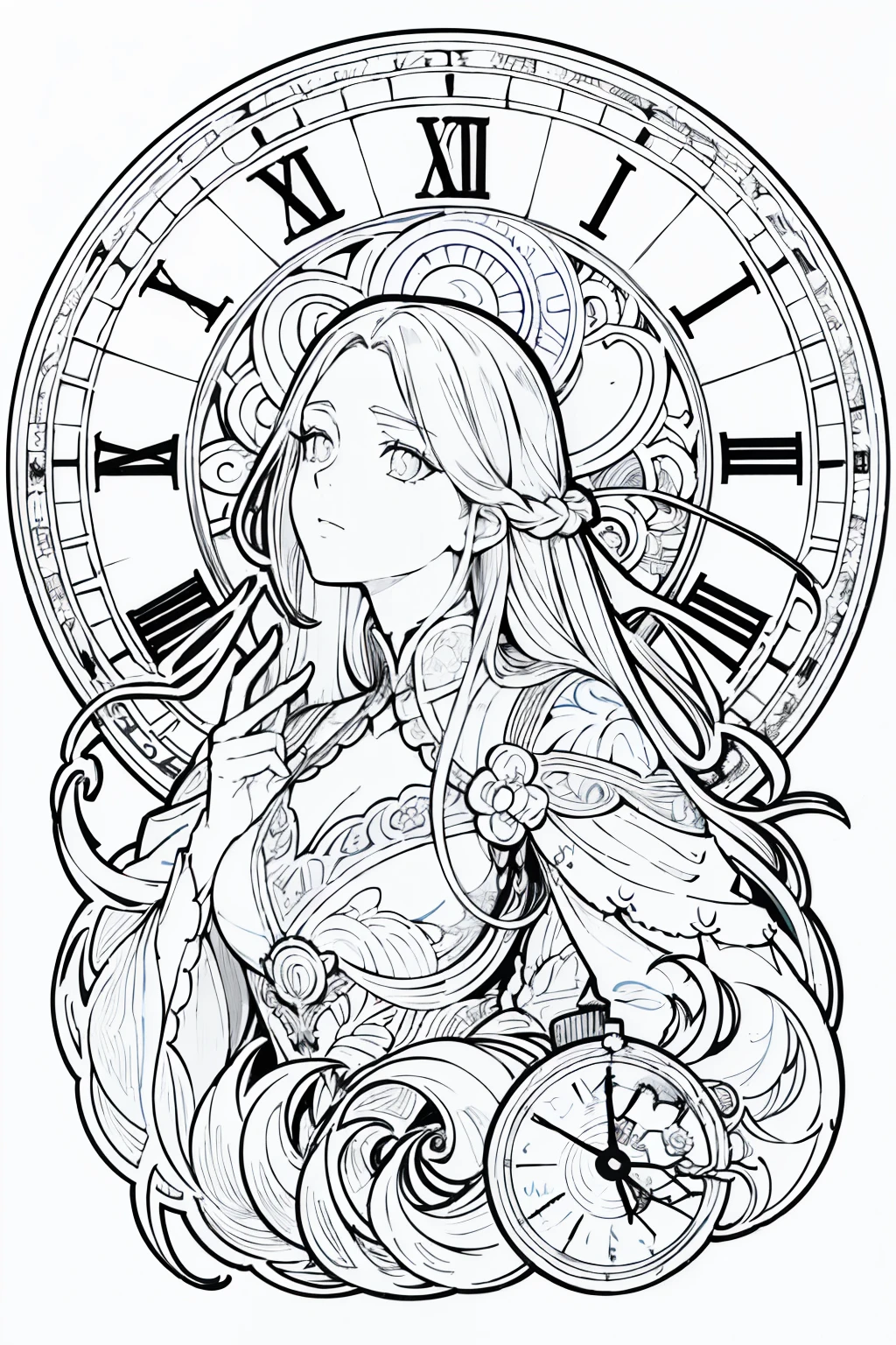 Painting of a woman with long hair and a clock, Beautiful line art, black and white line art, Beautiful line art, Very fine ink strokes, high detailed official artwork, Black Line Art on White, artwork,Does not drain black, Coloring Book, highly detailed exquisite fanart, Black ink strokes, Fantasy Fan Art, By Yoshihiko Wada, Anime Art Nouveau Universe Show,Art by Alphonse Mucha ,draft,Only character lines and scenes remove color...., Not shadows.,(master-piece, beste-Qualit, highres:1.4), Detailed, intricate detailed, 10, color splashes, line art, Fibonacci,