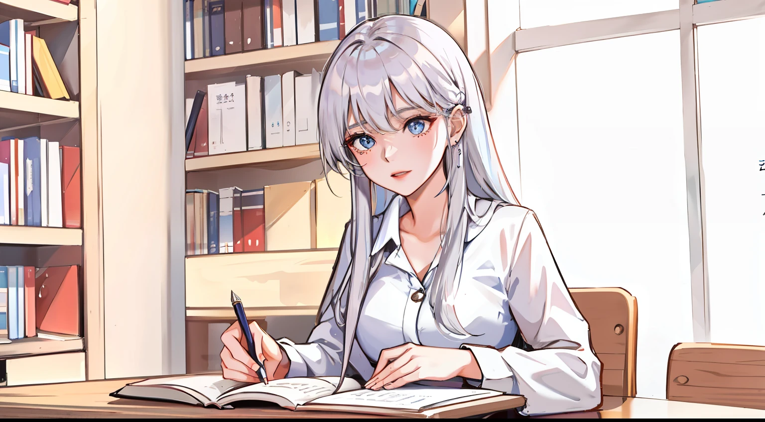 Purple girl doing homework long hair - SeaArt AI