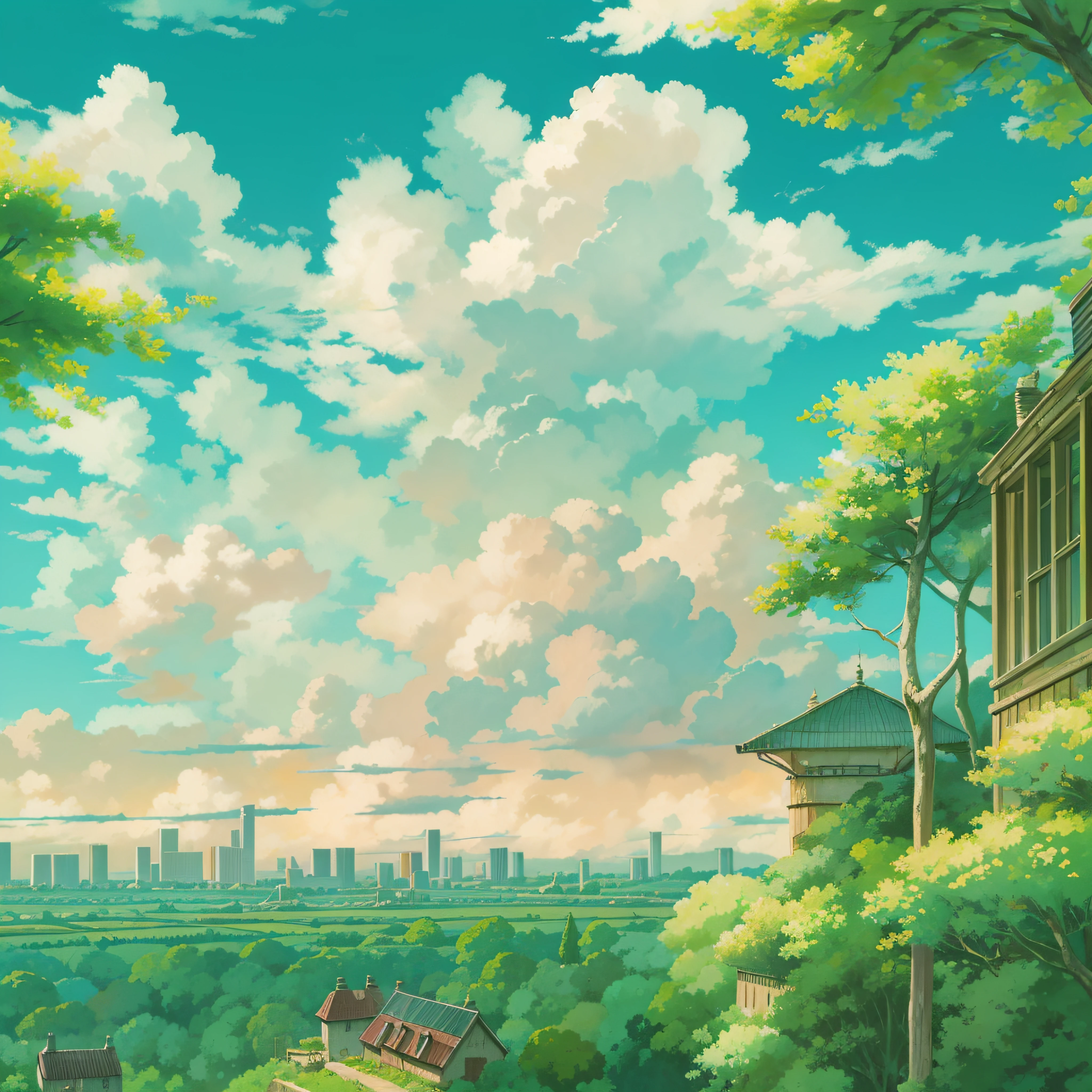丘から見た街の景色を描いた絵画 - SeaArt AI