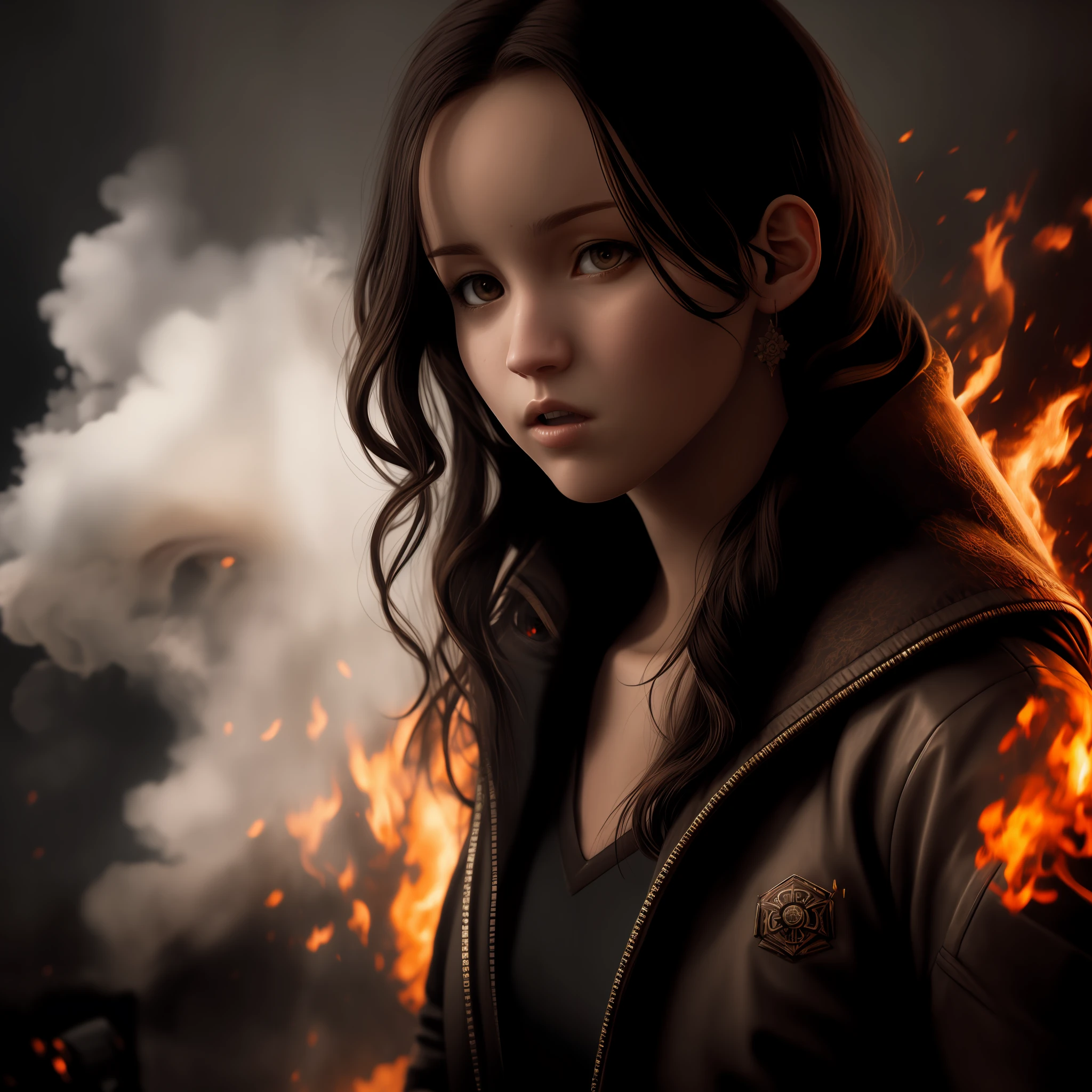 (Jennifer Lawrence:0.9) acting (Katniss Everdeen), (long wavy hair), fight to the death, movie poster, smoke, subsurface scattering, ruins on background, thin waist, intricate, highly detailed, perfect image, cinematic lighting, very detailed face and eyes, (dark ambience:1.5), (dimly lit:1.1), elaborate fantasy atmosphere, high-quality photo, photorealistic painting by Ed Blinkey, trending on artStation, high detail, sharp focus, dramatic