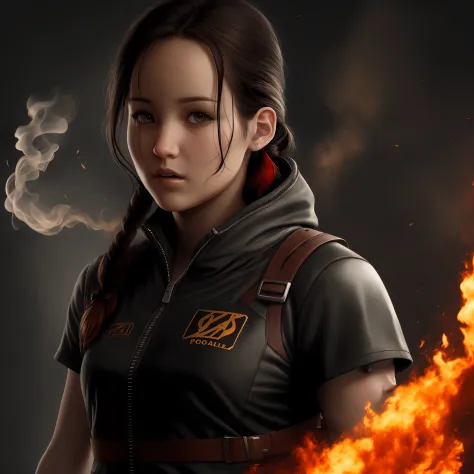 (Jennifer Lawrence:0.9) acting (Katniss Everdeen), (long wavy hair), fight to the death, movie poster, smoke, subsurface scattering, ruins on background, thin waist, intricate, highly detailed, perfect image, cinematic lighting, very detailed face and eyes...
