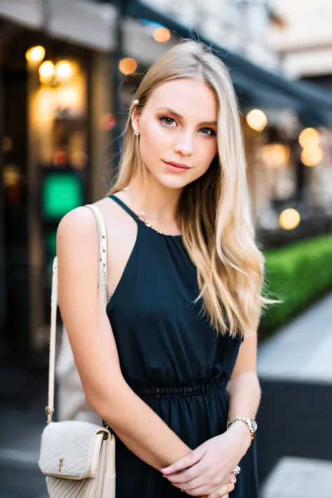 photo of young caucasian woman, highlight hair, sitting outside restaurant, wearing dress, rim lighting, studio lighting, lookin...