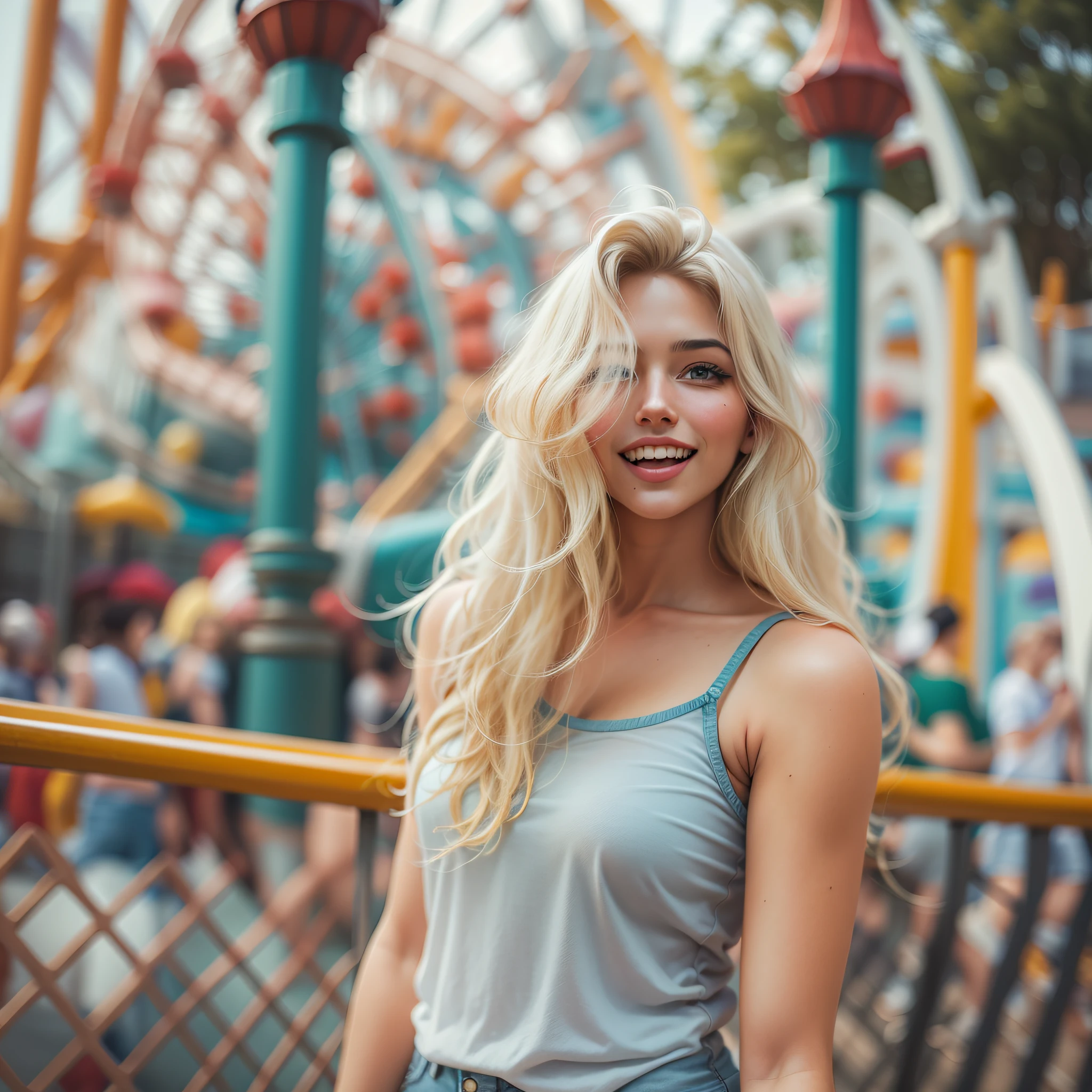 Blonde girl at amusement park. Ela usa shorts jeans e camisa branca. Cabelos soltos. Feliz.