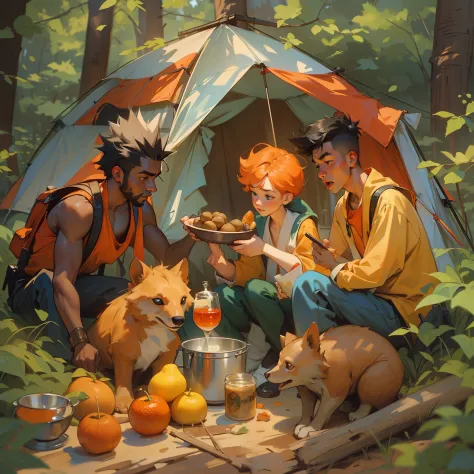 realistic, (masterpiece, top quality, best quality, official art), very detailed, most detailed, pokemon world, 3 people camping...