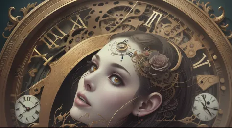 The anatomy of a beautiful zombie woman's head, Antique clock as one of woman's eyes, uma pintura ultrafina detalhada de James J...