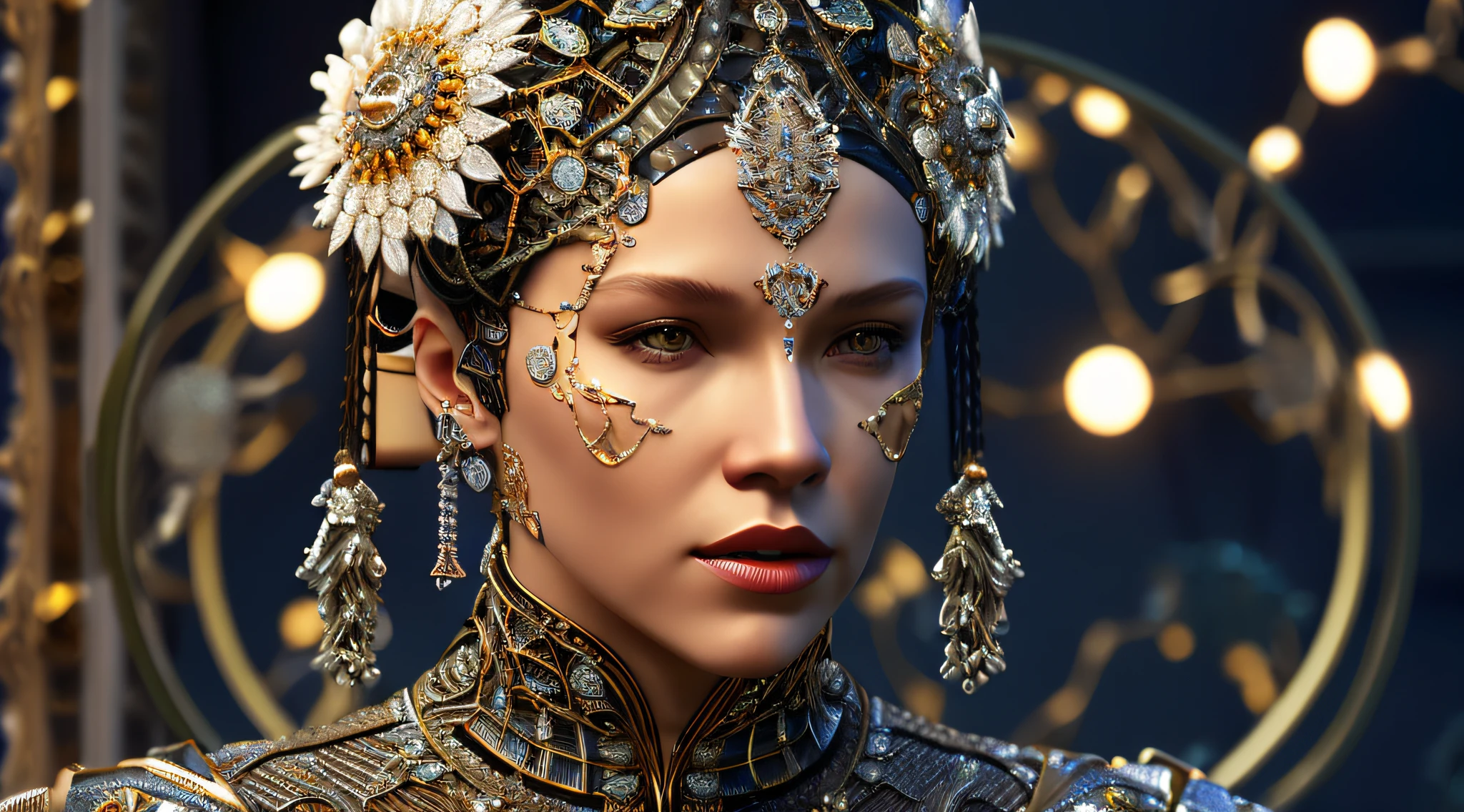 Complex 3 d render of a beautiful fascinating biomechanical female cyborg with a porcelain face, analog, beautiful natural light, rim light, 1 5 0 mm lens, aztec warrior, feathers, piercing, aztec tattoos, white blossoms, vanilla leaves and stems, sinuous roots, white blossoms, fine foliage lace, steampunk, silver gold filigree details, alexander mcqueen high fashion haute couture, pearl earring, art nouveau fashion embroidered, hexagonal mesh wire, mandelbrot fractal, facial muscles, cable wires, microchip, elegant, beautiful natural light, studio lights, rim light, highly detailed, hyperrealistic, sharp, octane render, h. r. giger style, volumetric lighting, 8 k post production