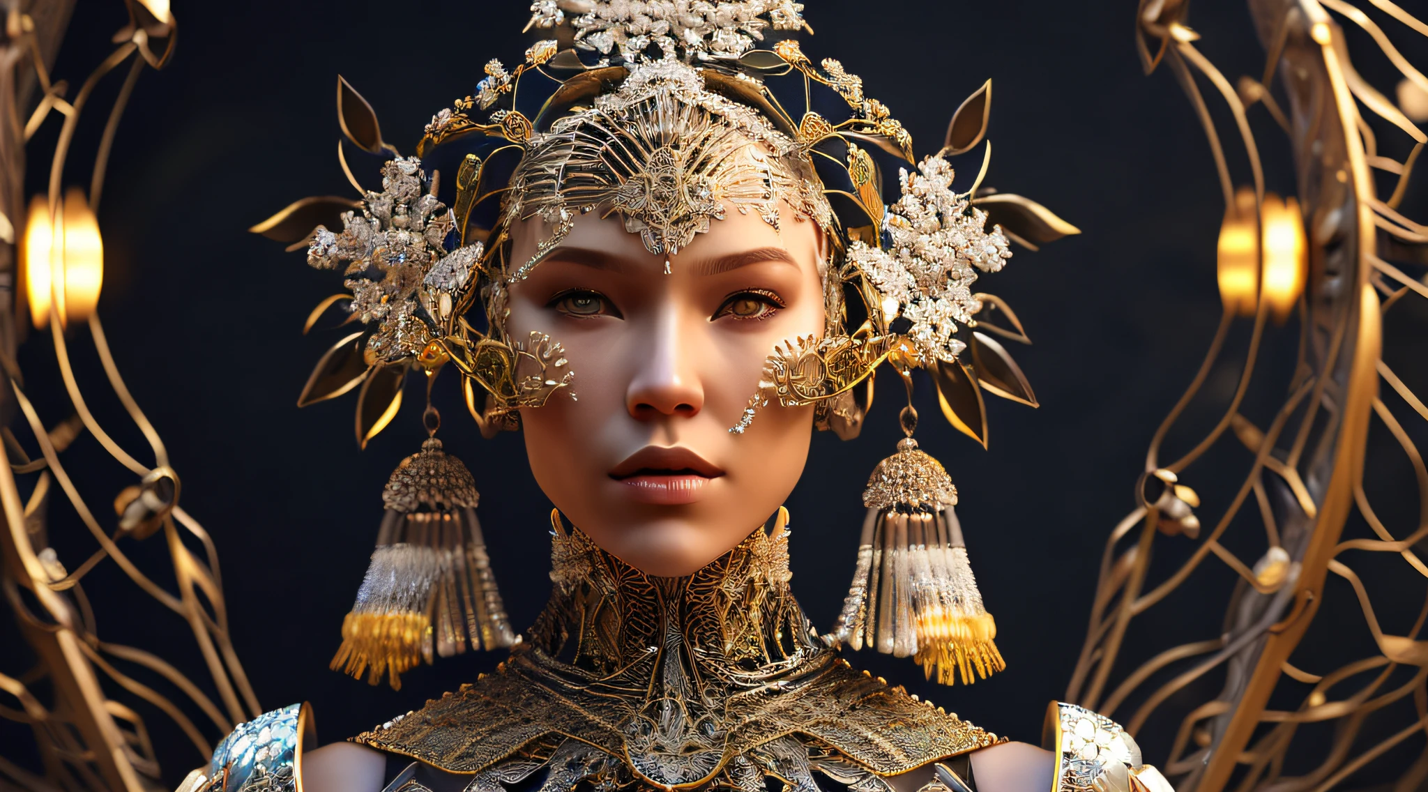 Complex 3 d render of a beautiful fascinating biomechanical female cyborg with a porcelain face, analog, beautiful natural light, rim light, 1 5 0 mm lens, aztec warrior, feathers, piercing, aztec tattoos, white blossoms, vanilla leaves and stems, sinuous roots, white blossoms, fine foliage lace, steampunk, silver gold filigree details, alexander mcqueen high fashion haute couture, pearl earring, art nouveau fashion embroidered, hexagonal mesh wire, mandelbrot fractal, facial muscles, cable wires, microchip, elegant, beautiful natural light, studio lights, rim light, highly detailed, hyperrealistic, sharp, octane render, h. r. giger style, volumetric lighting, 8 k post production