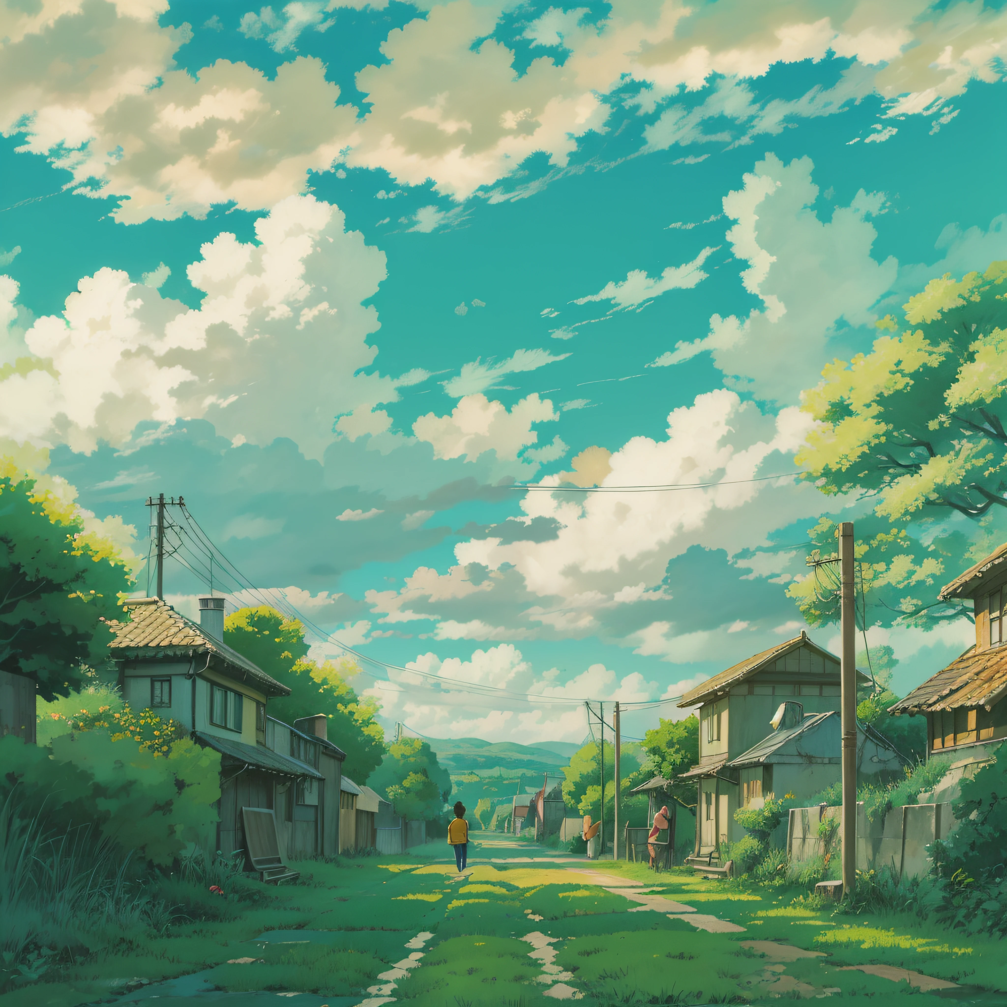 und Seelen、Himmelslandschaft mit Wolken、Landschaft ohne Gebäude、Man sieht die Berührung des Pinsels、Studio Ghibli、Ghibli、Landschaft、Stil、Goldene Zeit、Horizont,Nach dem Regen、Der Boden ist nass