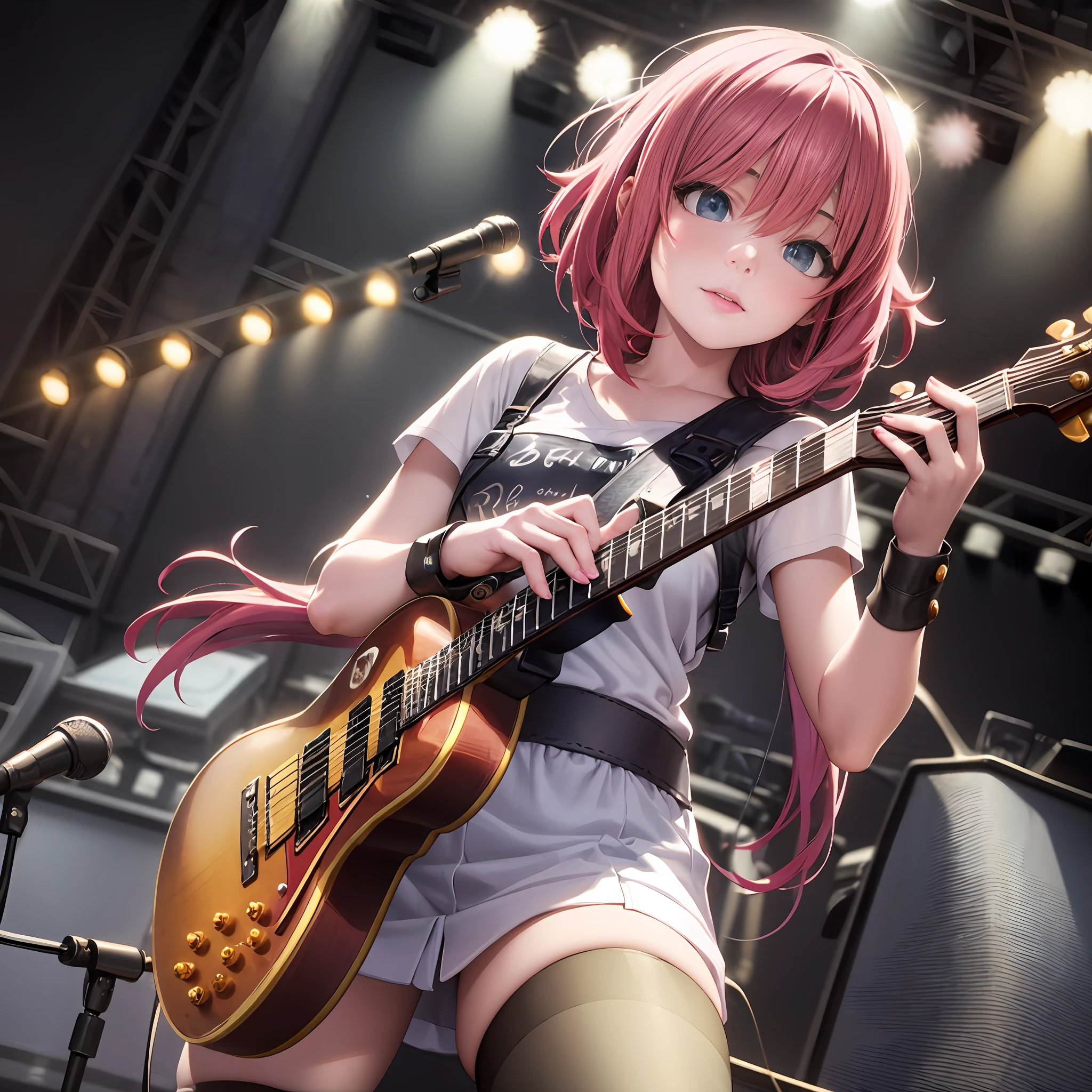 araffe girl with pink hair playing a guitar on stage, ross tran 8 k, artwork in the style of guweiz, Detailed Digital Anime Art, high detailed official artwork, ross tran style, Trending on ArtStation pixiv, official artwork, guweiz on artstation pixiv, realistic anime 3 d style, photorealistic anime girl render
