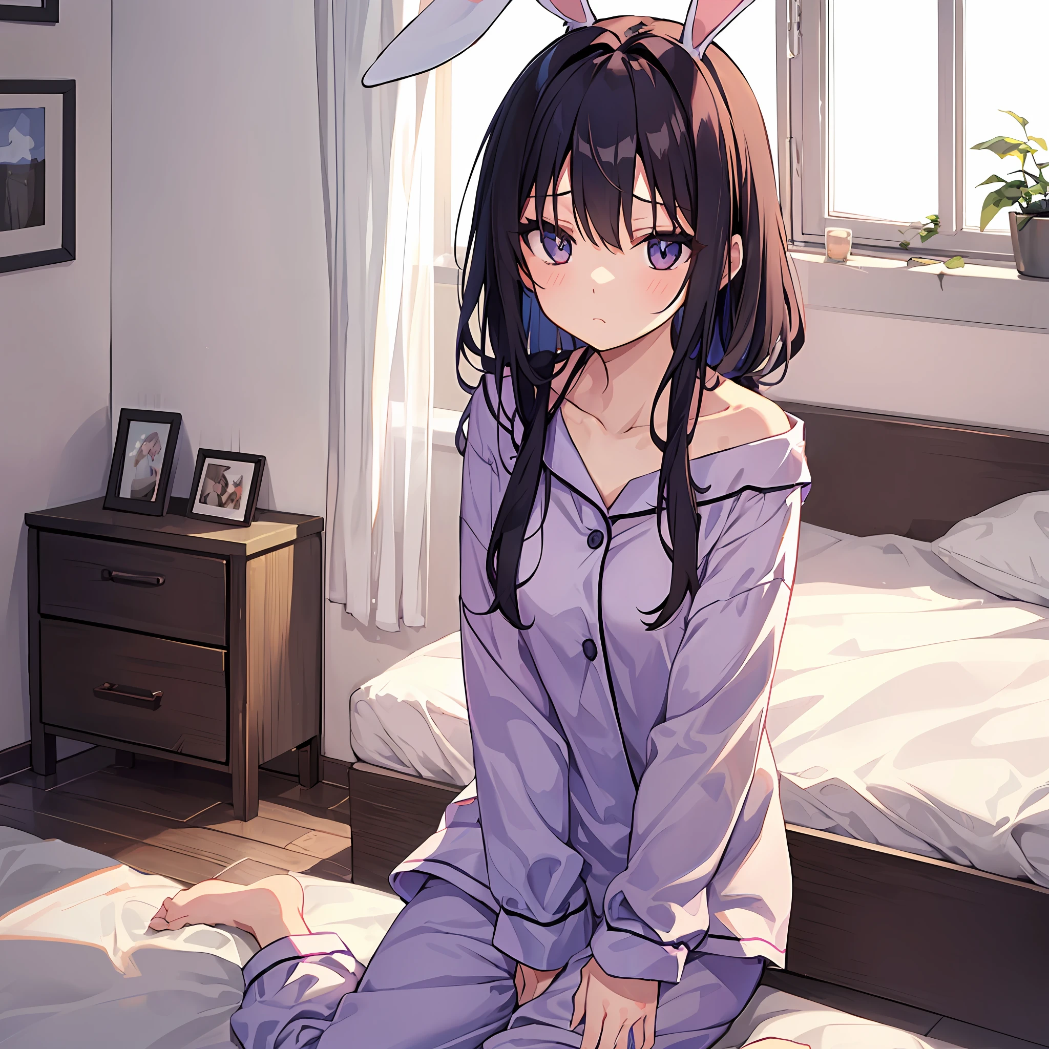 Garota com orelhas de coelho　dentro do quarto　Pijamas　Cara de sono　Parece sonolento