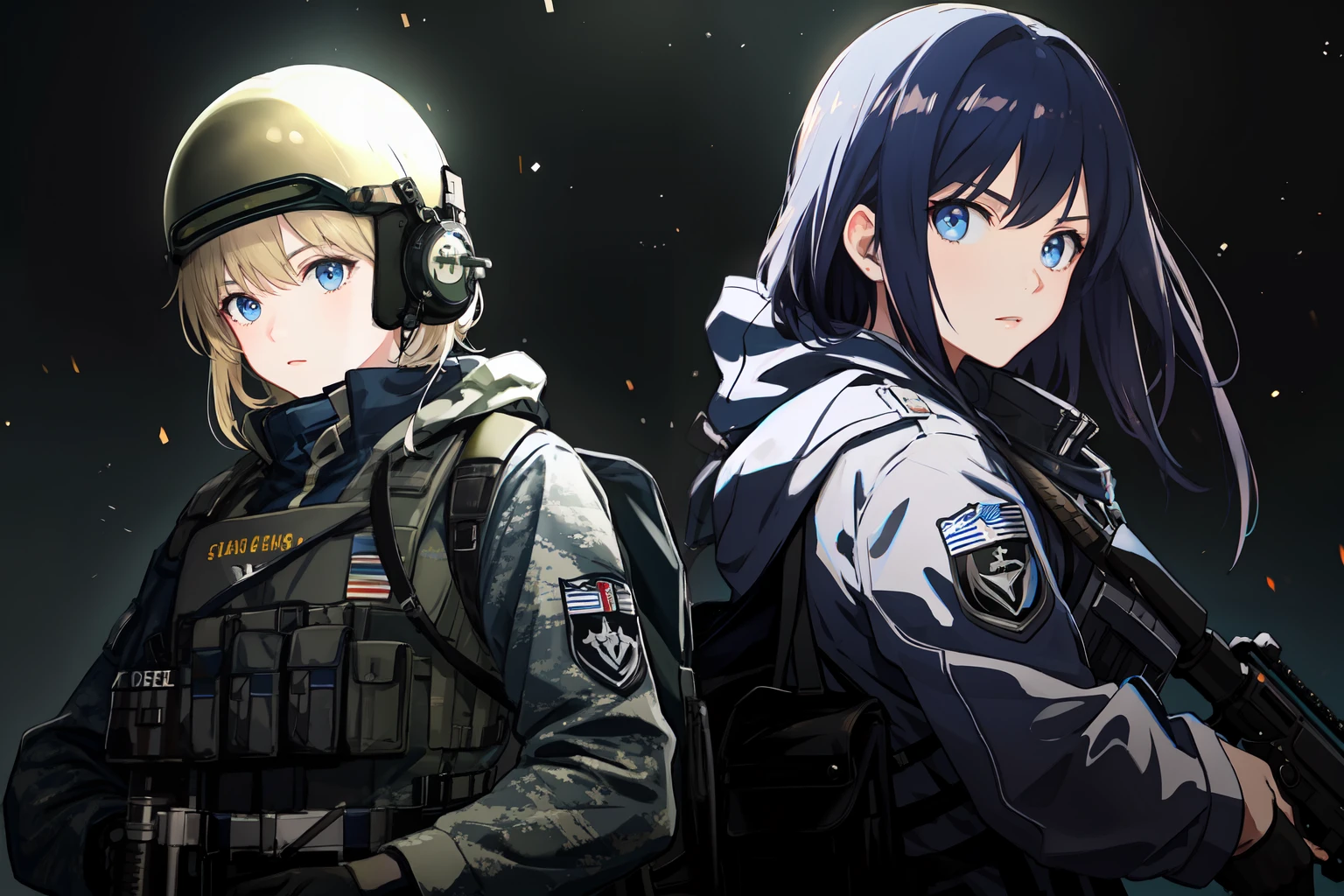 (masterpiece), (best quality), (ultra-detailed), (best illustration), deep dark blue hair under military combat helmet with googles, dark blue eyes, serious look