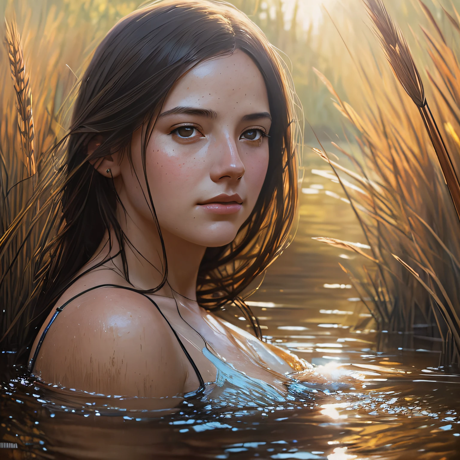 close up portrait of a cute woman (gldot) bathing in a river, reeds, (backlighting), realistic, masterpiece, highest quality, lens flare, shade, bloom, [[chromatic aberration]], by Jeremy Lipking, by Antonio J. Manzanedo, digital painting, --auto