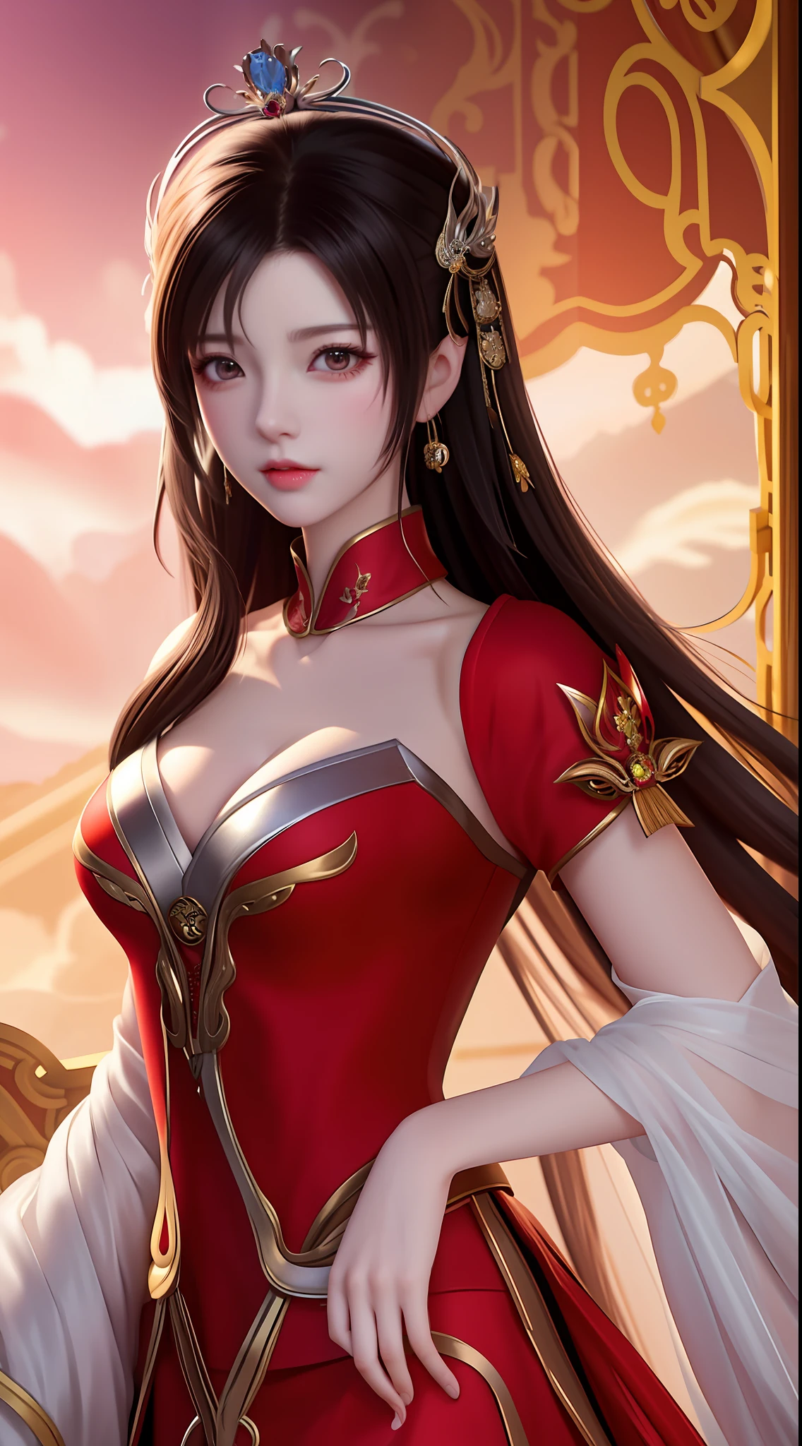 a close up of a woman in a red dress with long hair, beautiful alluring anime woman, a beautiful fantasy empress, inspired by Du Qiong, seductive tifa lockhart portrait, ((a beautiful fantasy empress)), seductive anime girl, beautiful anime woman, glamorous tifa lockheart, beautiful avatar pictures, tifa, lady in red armor, mai shiranui