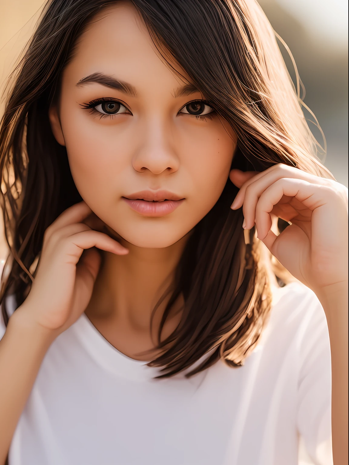 detailed and realistic (upper body portrait:1.2) of a woman with a few (freckles:0.8) BREAK round eyes and short messy hair BREAK shot outside, wearing a white t shirt, staring at camera, chapped lips BREAK soft natural lighting, portrait photography, magical photography, dramatic lighting, photo realism, ultra-detailed, intimate portrait composition, Leica 50mm, f1.4