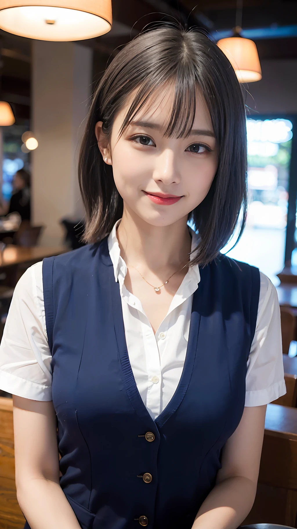 (((Medium hair))), Top Quality, 8K, HDR, Hi-Res, Absurdity: 1.2, Photography, (RAW Photos: 1.2), (Photorealistic: 1.4), (Masterpiece: 1.3), (Complex Details: 1.2), 1 Girl, Solo, Japan girls, Delicate and beautiful details, (Detailed eyes), (Detailed facial features), , (Small breasts))), Toned Skin, ( looking_at_viewer), from_front, (Skinny), (Best Quality: 1.4), (Ultra High Definition: 1.2), Cinemalite, (Extreme Detail Illustration), (Lip Gloss, Best Quality, Ultra High Resolution, Depth of Field, Caustics, Broad Lighting, Natural Shading, 85mm, f / 1.4, ISO 200, 1/160 sec: 0.75), 1 girl, solo, ((blue vest))) smile, uniform, necklace, Fashionable café: 1.3, black neat and clean clothes, Nogizaka idol, gravure idol, beauty