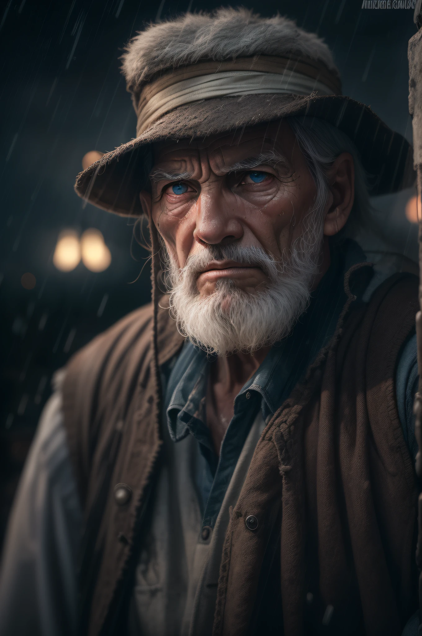 (sharp focus:1.2), an award winning full body photo of an old man peasant, water droplets, thunderstorm outside, lightning back lighting, , lines on face, wrinkles, extremely detailed skin, sadness, hopelessness ,cloudy eyes, (deep shadows:1.1), high contrast, beautiful eyes, absurdres, 8k, (high quality:1.3), , artstation hd, concept art, detailed face and body, award-winning photography, (moody lighting:1.2), depth of field, bokeh, 4K, HDR