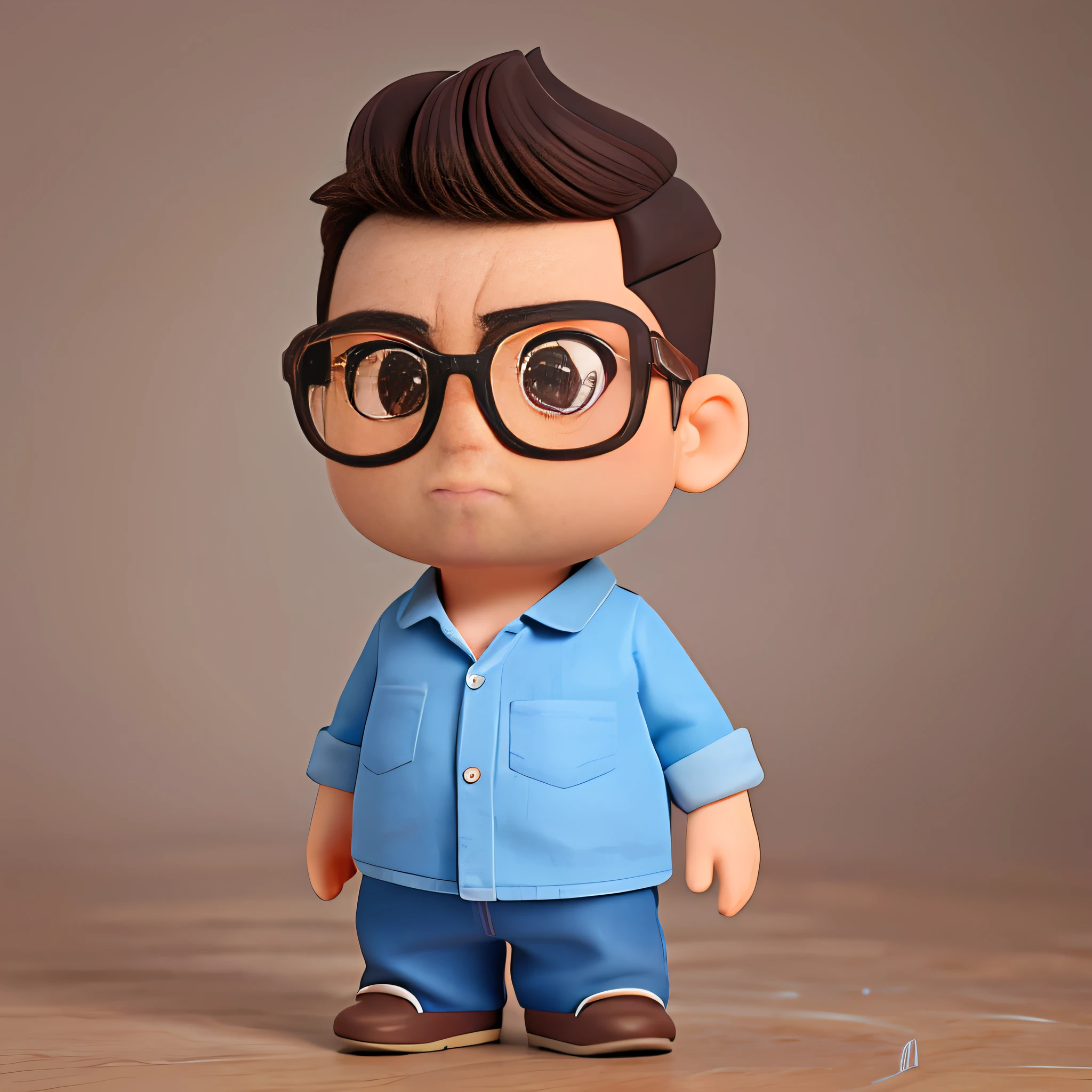 Cute small 45-years-old male programmer , huge head, shot Undercut hair , wearing Round thin frame glasses, highly detailed eyes，front-facing, looking left, fat, , casual wear ，serious mood, full body view, highly detailed hands ，Toy figures,best quality, 3d cartoon，full body view, fantasy, dreamlike, surrealism, super cute, trending on artstation