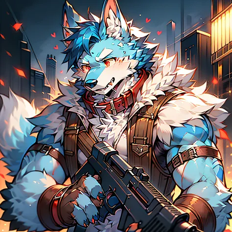 solo person，furry，werecreature，male white wolf，blue fur，blue tail，white ears，blood-red eyes，red collar，musculature，male people，r...