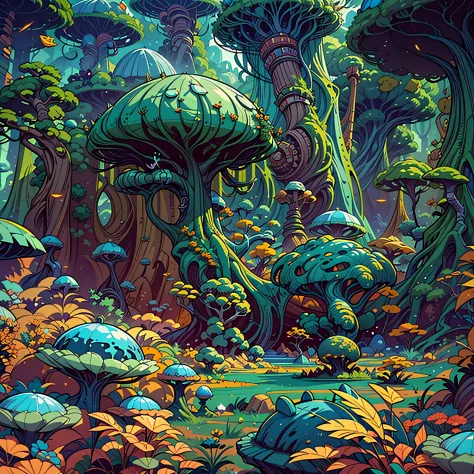 cartoon scene of a fantasy alien forest with a strange looking tree, surreal alien kingdom, alien landscape, background artwork,...