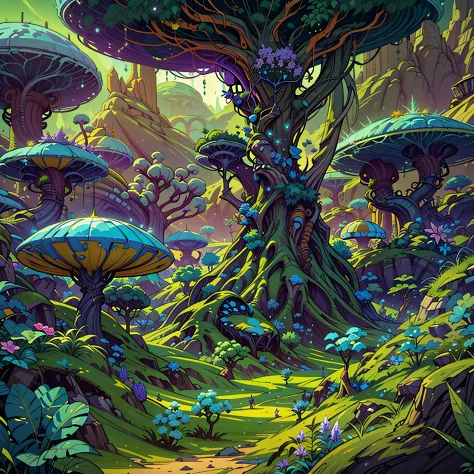 scene of a fantasy alien forest with a strange looking tree, surreal alien kingdom, alien landscape, background artwork, lush al...