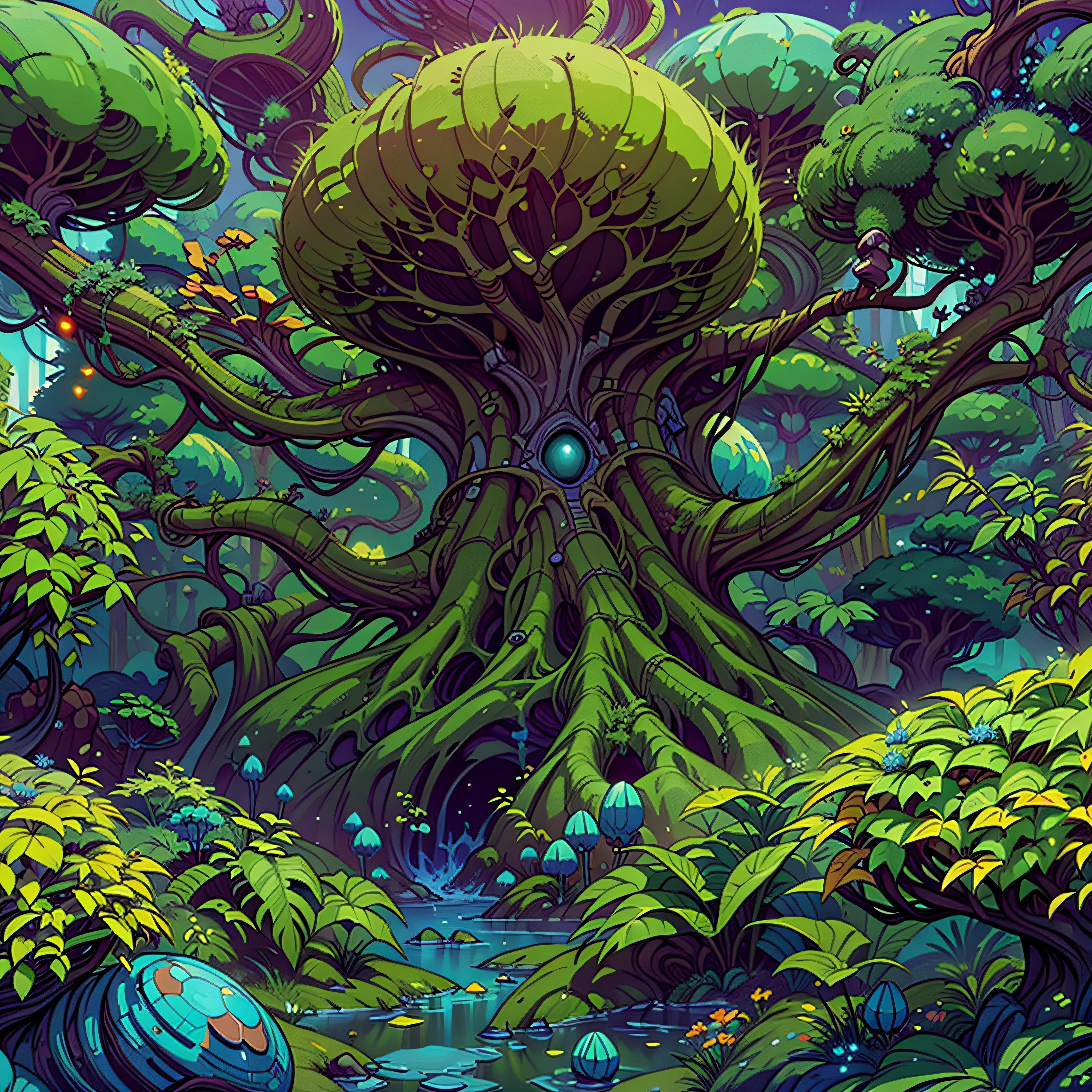 scène d&#39;une forêt extraterrestre fantastique avec un arbre étrange, royaume extraterrestre surréaliste, paysage extraterrestre, oeuvre d&#39;arrière-plan, lush paysage extraterrestre, colorful flore extraterrestre, Art de jeu stylisé, plantes exotiques, Environnement extraterrestre, Rendu 3D stylisé, an paysage extraterrestre, flore extraterrestre, art conceptuel stylisé, sur une planète extraterrestre fertile et luxuriante, illustrations épiques en 3D