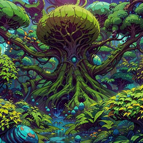 scene of a fantasy alien forest with a strange looking tree, surreal alien kingdom, alien landscape, background artwork, lush al...