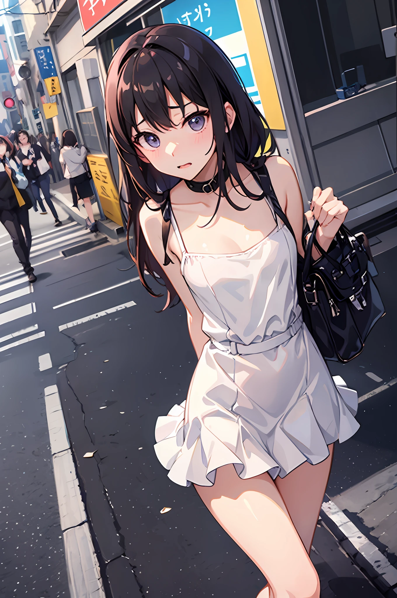 Shyness、embarrassed from、panties small、animesque、frombelow、low angles、Twisting the skirt、tucking up the skirt、opens legs、White Mini Dress、Short dress、panties on、In the street、