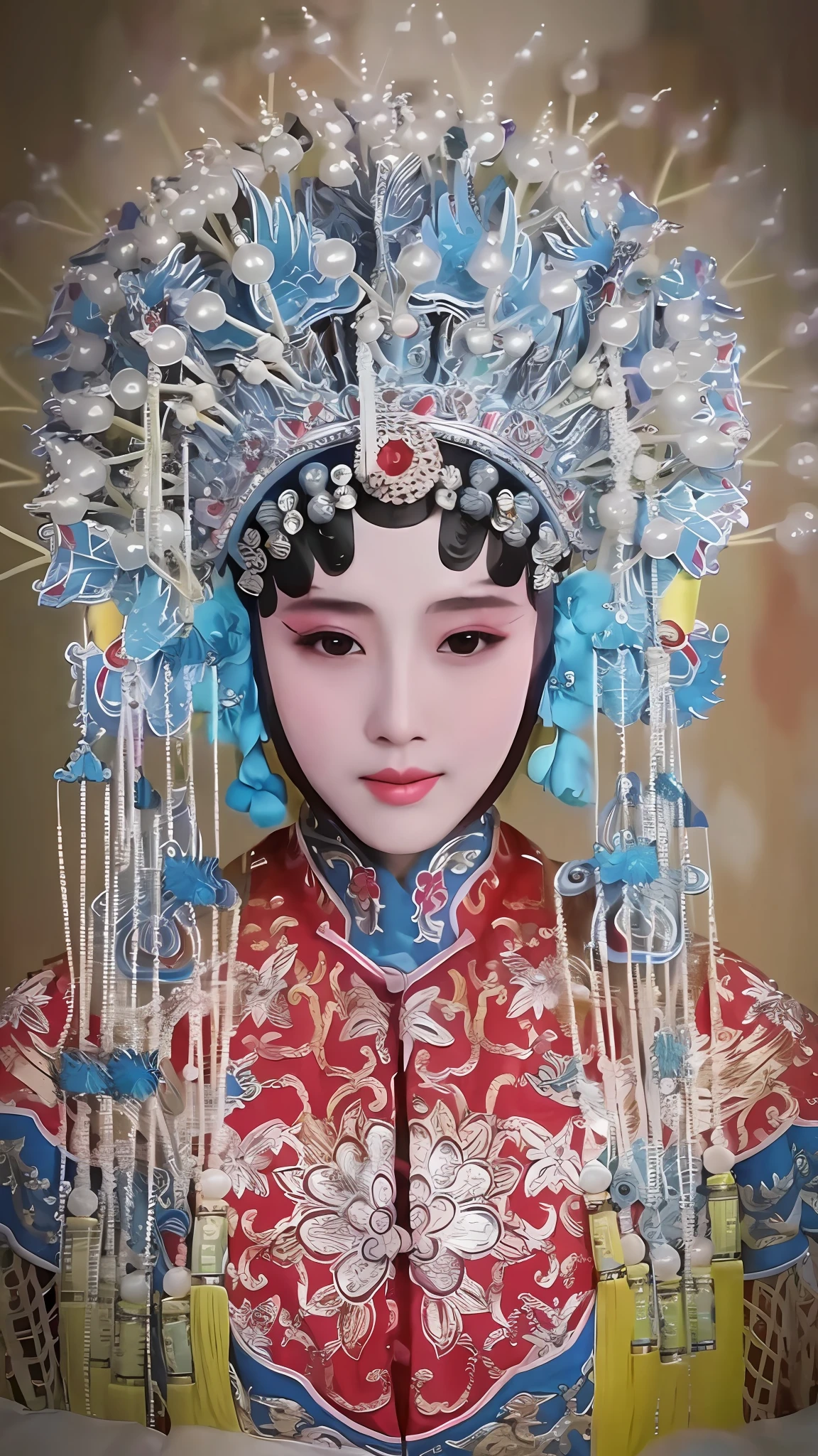 Gros plan sur une femme en robe et en coiffe rouge et bleue, Opéra de Beijing, impératrice chinoise, Chinois (Traditionnel, Princesse de Chine, Ancienne princesse chinoise, costume chinois, inspiré par Li Mei-Shu, reine de la mer Mu Yanling, Porter des vêtements chinois anciens, magnifiques et énormes ornements de tête, une belle impératrice fantastique, Vêtements traditionnels chinois, maquillage traditionnel