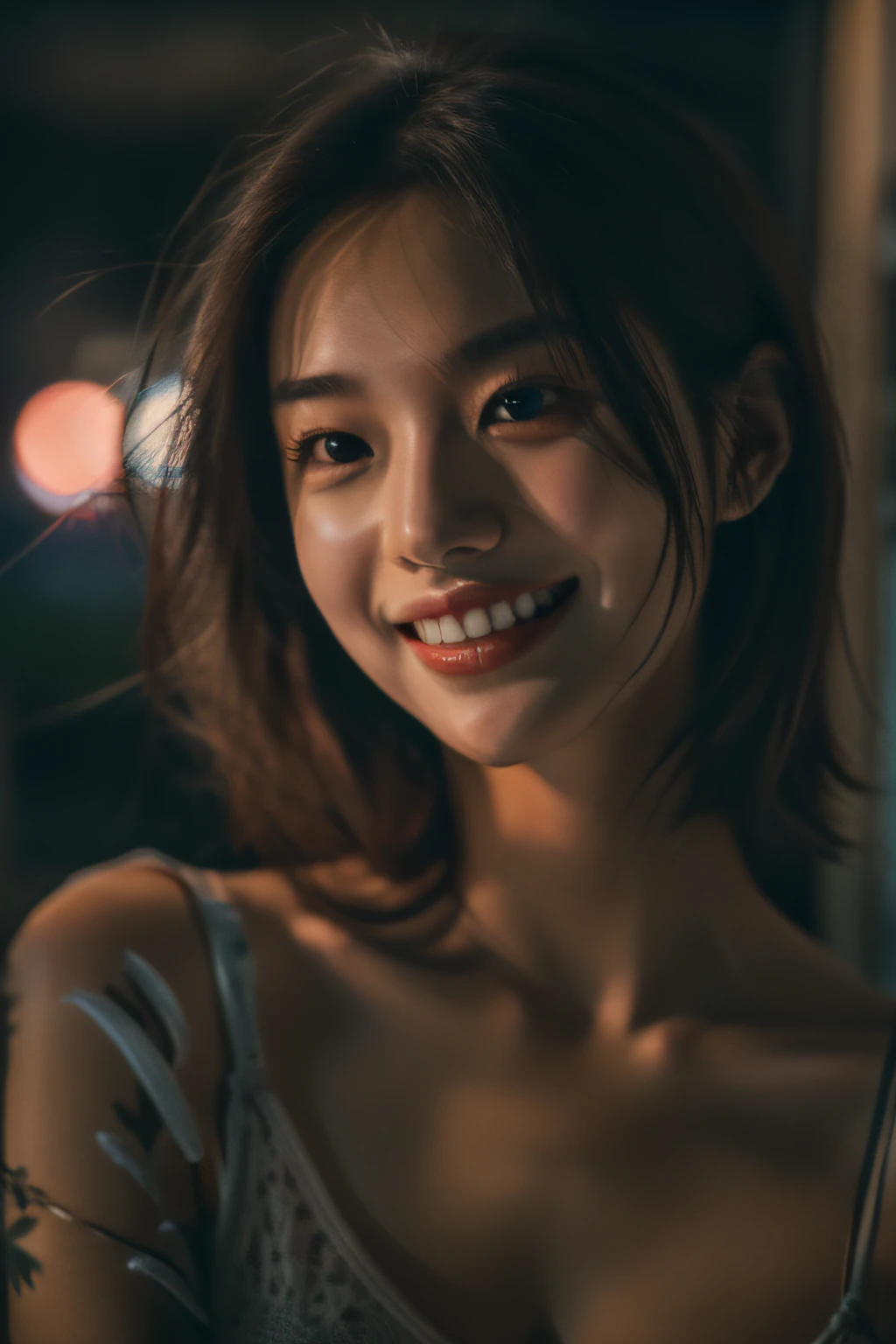 1girl, idol, model, depth of field, photo, film, face, skinny, smile, collarbone,  teeth, movie, camisole, selfie, night,