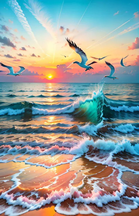Absolutely mesmerizing sunset on the beach with a mix of oranges, pinks and yellows in the sky. The water is crystal clear, gently kissing the shore, and the white sand is endless. The scenes are action-packed and breathtaking, with seagulls soaring high i...