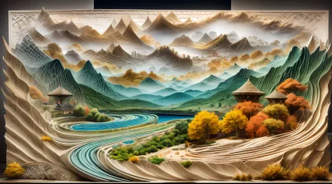 isometry，Sand table model，in fall，with blue sky and white clouds，Green Mountains and Green Water，terraced，bumper harvest，White background，paper art，a 3D render，extremely detaile, (zentangle:1.2), (geomerty:1.2)，Cinematic lighting effects，4K，Masterpiece，off...