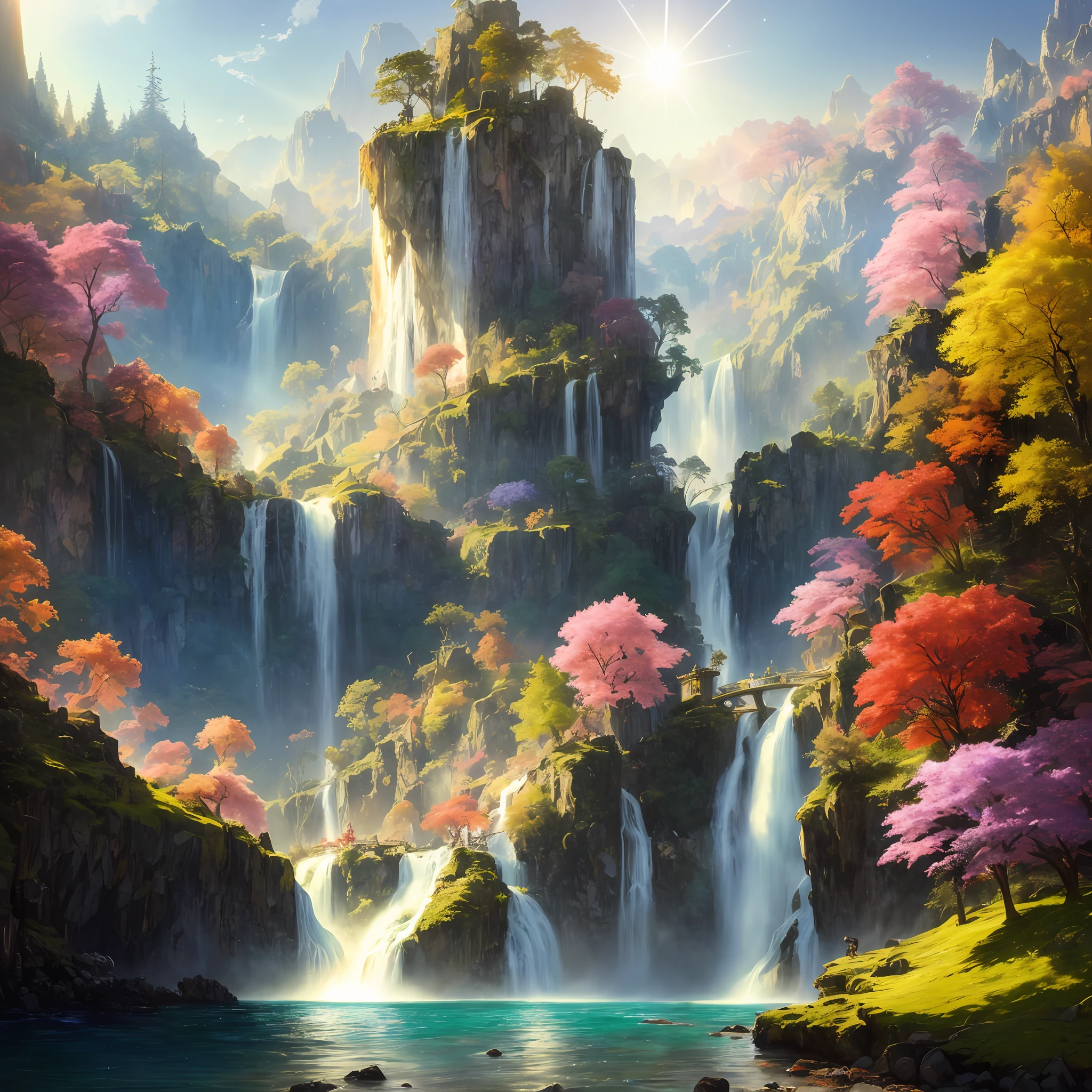 アナログスタイル,クロマV5,ンヴィンクパンク,(非常に詳細な CG ユニティ 8k 壁紙),岩だらけの崖から流れ落ちる明るく雄大な滝のイラスト, 輝く太陽に照らされて, 水が落ちるとキラキラ光る, 虹色に輝く, 周囲の風景は緑豊かで青々としている, 背の高い木々と野生の花々,受賞歴のある写真, 色収差; 幾何学的形状; ボケ, 被写界深度, 写実的な, 詳細, 咲く, 高解像度 , ジョン・シンガー・サージェントの油絵, フレデリック・チャーチ, トーマス・モラン,アートステーションでトレンド, CGSociety で話題, アート：ミッドジャーニー
