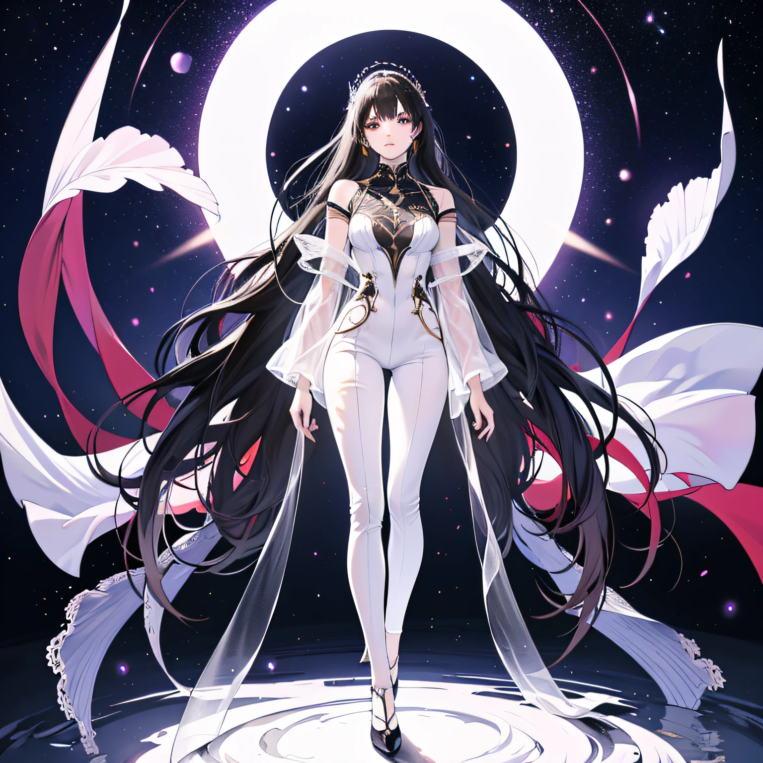 Masterpiece, a beautiful void goddess, full body white transparent clothes standing under empty night stars, disappearing transparent pants, full body standing, tall figure, slender legs, facial details, detailed body part details, 8k wallpaper --auto
