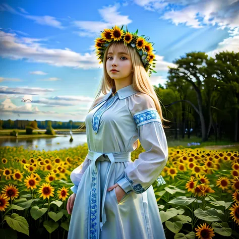 It's a beautiful photo、Against the backdrop of majestic blue sky and majestic clouds、Hall with hands on hips々Young Ukrainian gir...