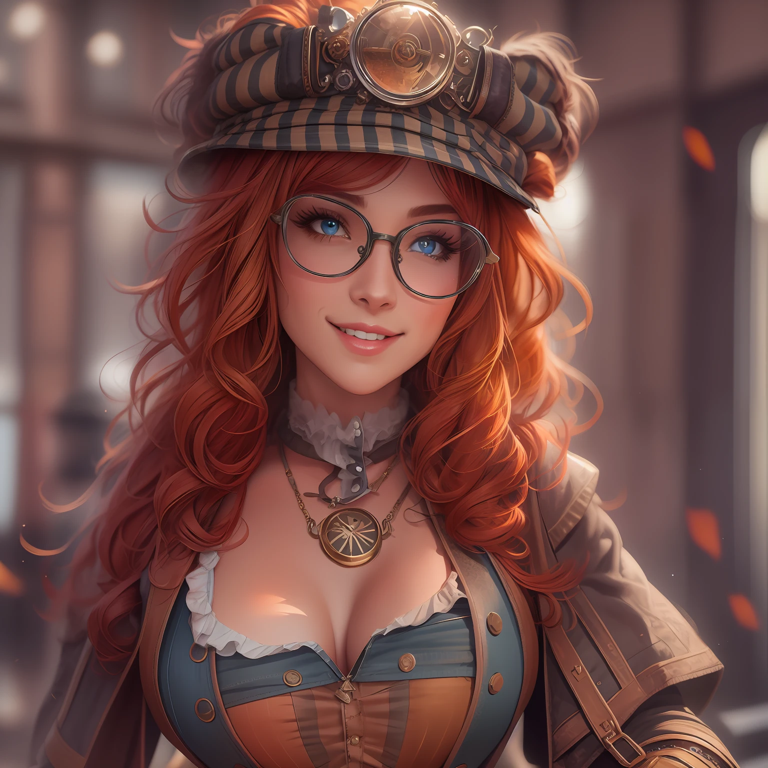 rendered; Octane Render, 4K, Masterpiece, high resolution, absurdities, Natural volumetric lighting and better shadows, highly detailed face, highly detailed face features, smiling, beautiful smile, 2 girls, long hair, breasts, blue eyes, kalap, jewelry, jacket, red hair, boots, pants, necklace, nail polish, orange hair, blonde, eyeglass, corset, curly hair, glasses on head, stripey pants, steampunk, steampunk_costume