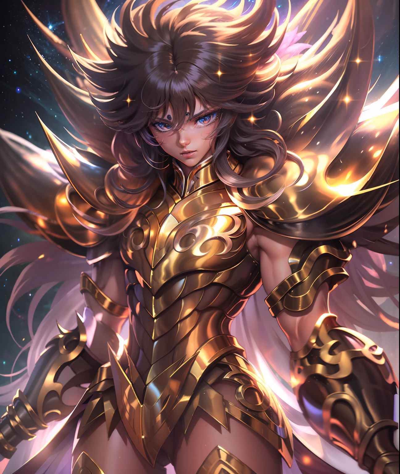 Ultra-high saturation，（tmasterpiece）， fully body photo，（best qualtiy）， （1girll）， starryskybackground，Wearing shiny gold armor， Sexy lingerie type armor，Expose your chest，Expose the waistline，Exposing thighs，cool-pose， Saint Seiya Armor， messy  hair，high detal, Anime style, Cinematic lighting, Sparkle, god light, Ray traching, filmgrain, hyper HD, textureskin, super detailing, Anatomical correct, A high resolution，Ultra-high saturation，hight contrast，High-gloss armor，Smooth skin，serious expressions