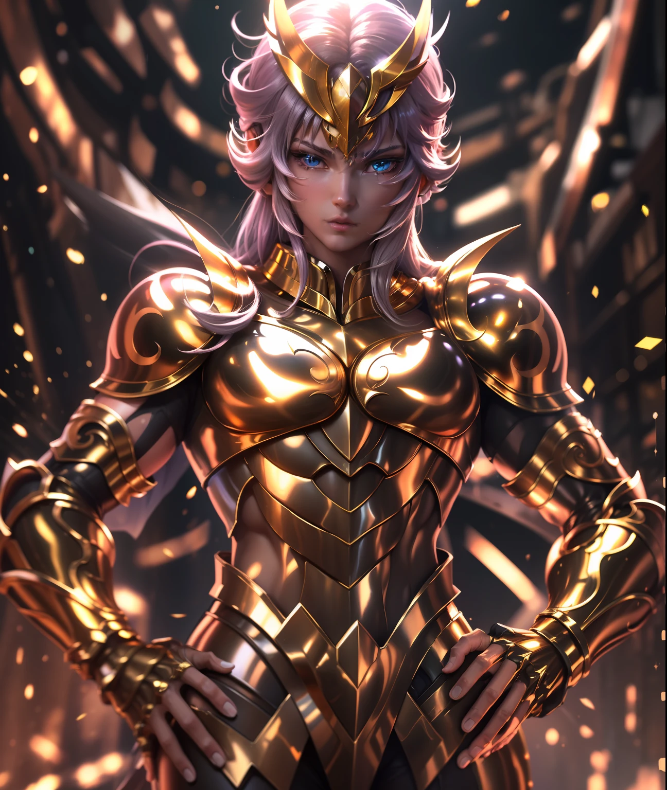 Ultra-high saturation，（tmasterpiece）， fully body photo，（best qualtiy）， （1girll）， starryskybackground，Wearing shiny gold armor， Sexy lingerie type armor，Expose your chest，Expose the waistline，Exposing thighs，cool-pose， Saint Seiya Armor， messy  hair，high detal, Anime style, Cinematic lighting, Sparkle, god light, Ray traching, filmgrain, hyper HD, textureskin, super detailing, Anatomical correct, A high resolution，Ultra-high saturation，hight contrast，High-gloss armor，Smooth skin，serious expressions