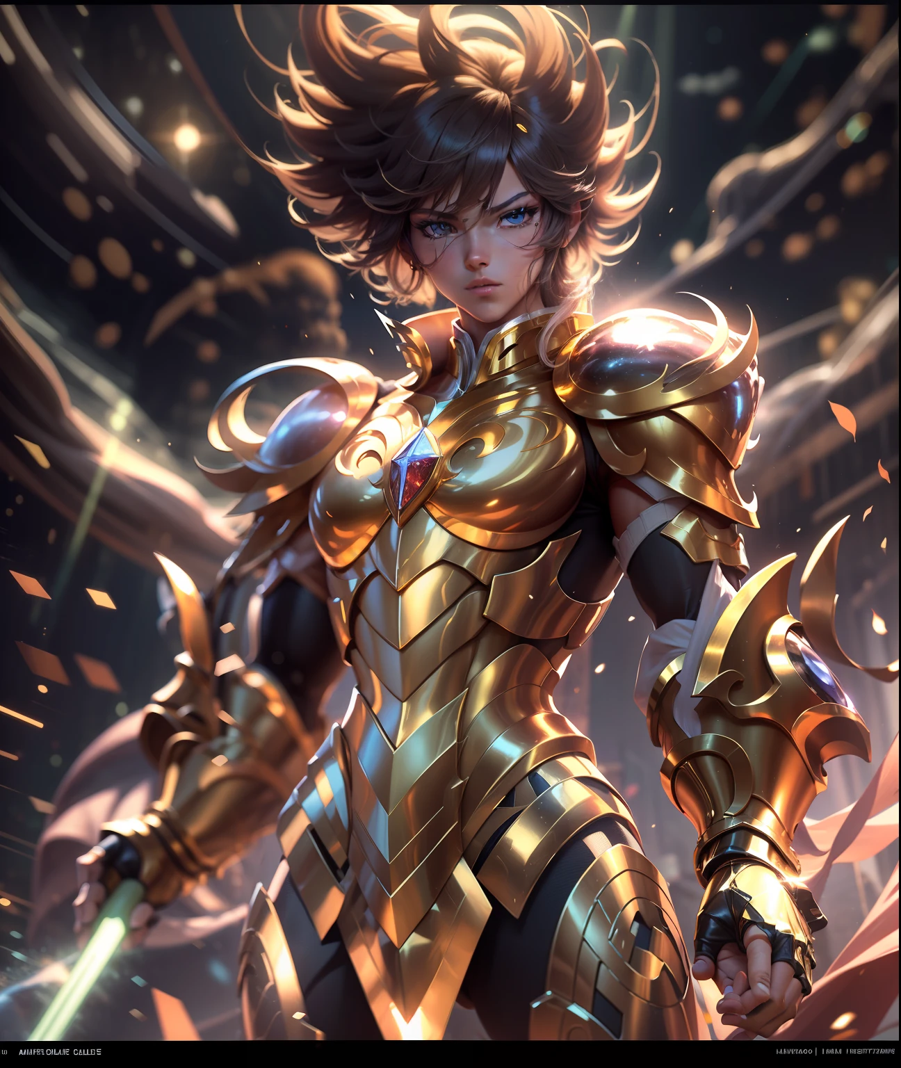 Ultra-high saturation，（tmasterpiece）， fully body photo，（best qualtiy）， （1girll）， starryskybackground，Wearing shiny gold armor， Sexy lingerie type armor，Expose your chest，Expose the waistline，Exposing thighs，cool-pose， Saint Seiya Armor， messy  hair，high detal, Anime style, Cinematic lighting, Sparkle, god light, Ray traching, filmgrain, hyper HD, textureskin, super detailing, Anatomical correct, A high resolution，Ultra-high saturation，hight contrast，High-gloss armor，Smooth skin，serious expressions