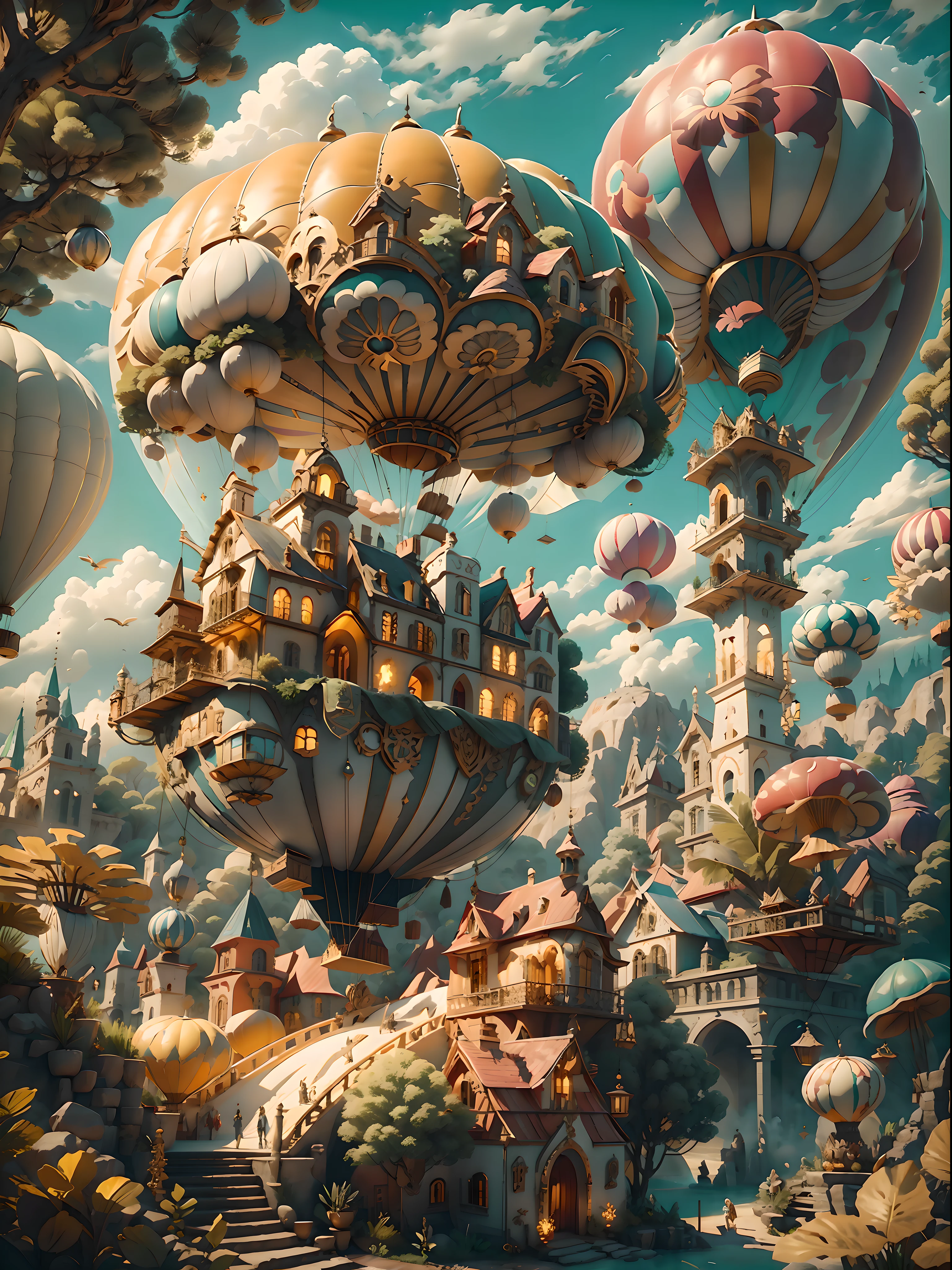 FairyTaleAI Airship, montgolfière, Dirigeable ZonaiIAI,, en plein air, des nuages,, premier travail, S&#39;orienter, 8k, La scène comprend des forêts magiques remplies de champignons et de créatures colorées, et les ondes audio peuvent être entendues en arrière-plan. L’image est rendue sur un, Style coloré en mettant l’accent sur le contraste et la texture, Blanc réfléchissant brillant: 1.5, Texture Lueur Orange: 1.3