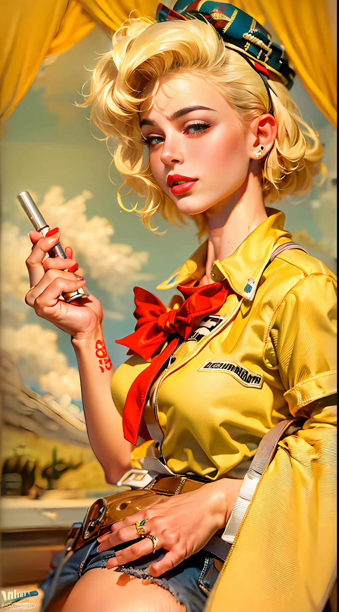 傑作, 最好的品質, 4k, ((吉爾·埃爾格倫 (Gil Elvgren) 或阿爾貝托·巴爾加斯 (Alberto Vargas) 的風格)), ((Android-18 DBZ,))紅唇膏, 痣, 摩達復古, 高腰短褲, 裁切封面, 黃色捲髮, 20 世紀 50 年代的海報女郎, 衝浪比賽