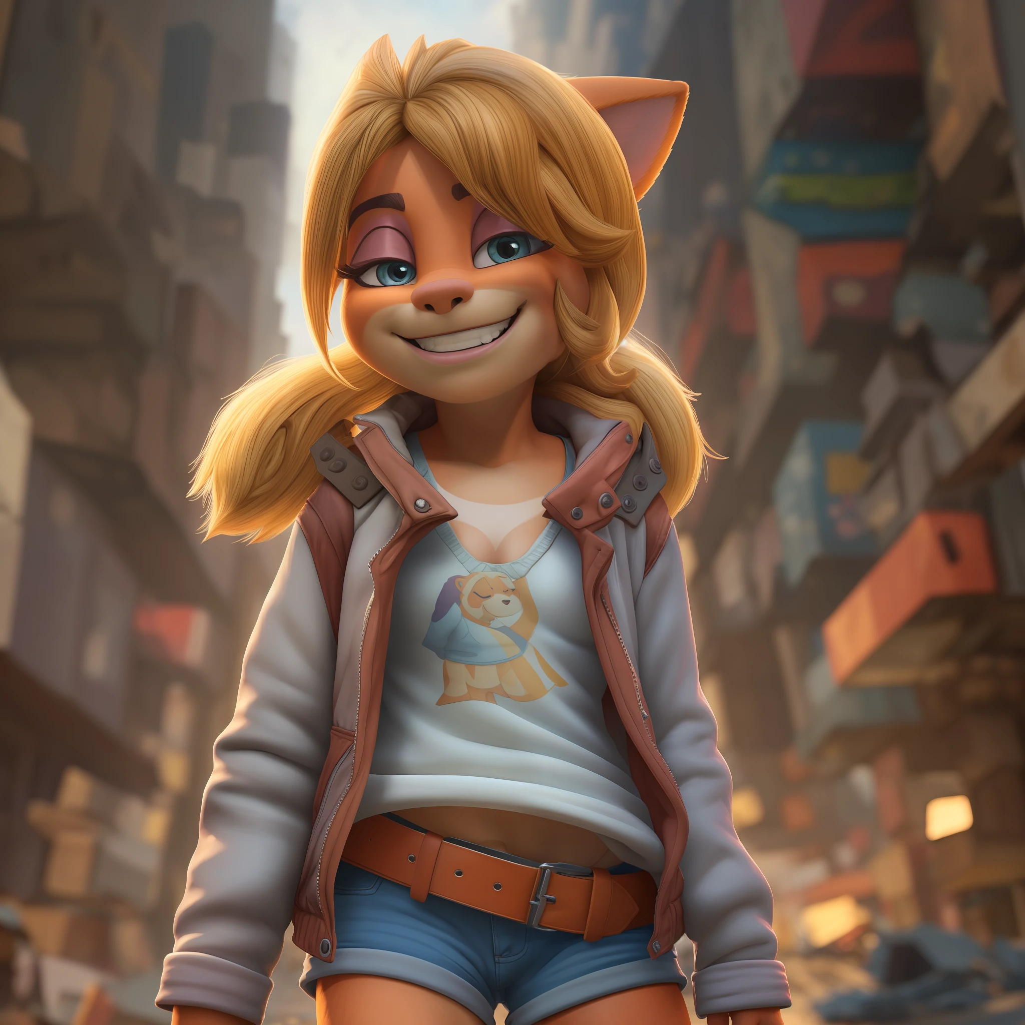 Beautiful and detailed picture of coco bandicoot, little girl, (best quality, insanely detailed illustration:1.2), masterpiece, (((child, kid, very young, prepubescent))), adorable, petite, 1girl, furry, anthro, animal nose, animal ears, thick body fur, epic realistic, hyperdetailed, intricate details, (hdr:1.25), (intricate details:1.14), (hyperrealistic 3d render:1.16), (filmic:0.55), ruins, cloud, sky, cloudy sky, outdoors, building, car, full body view, motor vehicle, city, rubble, cityscape, ground vehicle, post-apocalypse, dark, debris, sunlight, light rays, road, hyperrealistic, hyperrealistic background, 1girl, navel, tail, smile, full body, jacket, body fur, standing, underwear, boots,  shorts, shelf, border, open clothes, denim skirt,open jacket, panties, cameltoe, (((no breasts, flat chest))) half-closed eyes, stomach, blush