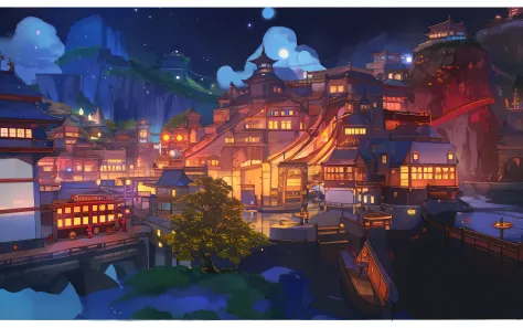 close-up of a city with a bridge and a river, dreamy chinese towns, colorful kitsune city, estilo fantasia，8 k ，arte de fundo, n...