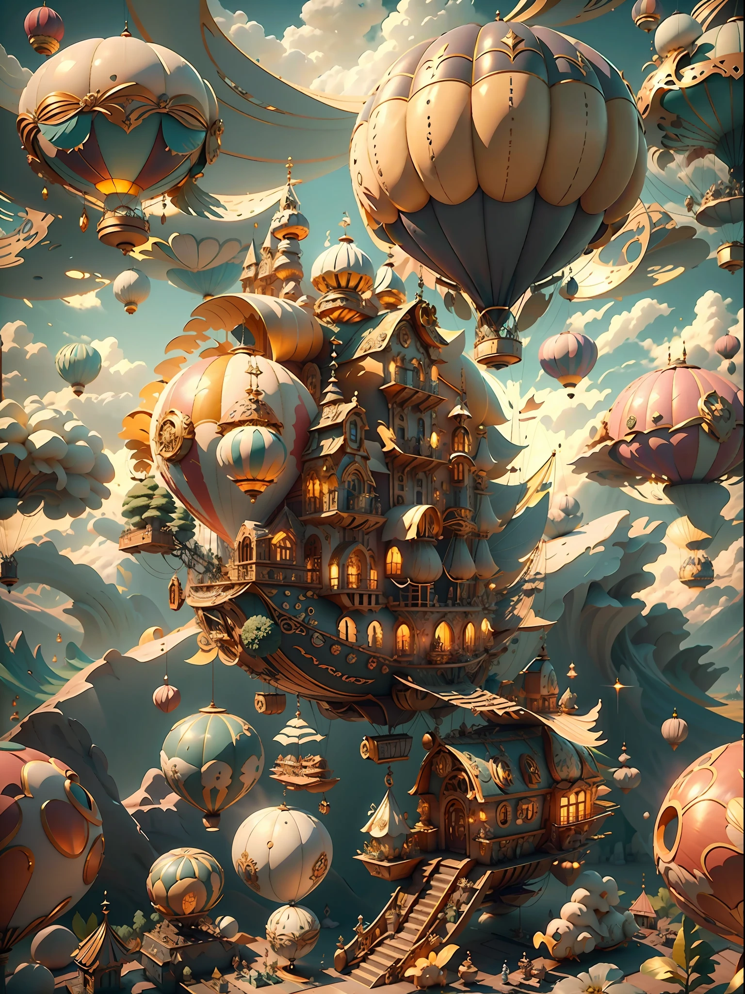 FairyTaleAI Luftschiff, Heißluftballon, Luftschiff ZonaiIAI,, draußen, Wolken,, erstes Werk, trend, 8k, Die Szene umfasst magische Wälder voller Pilze und bunter Kreaturen, und im Hintergrund sind Audiowellen zu hören. Das Bild wird auf einem heißen, farbenfroher Stil mit Fokus auf Kontrast und Textur, Helles reflektierendes Weiß: 1.5, Orange leuchtende Textur: 1.3