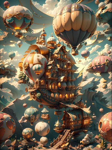 FairyTaleAI Airship, hot air balloon, Airship ZonaiIAI,, ao ar livre, nuvens,, obra-prima, trend, 8k, The scene includes magical...