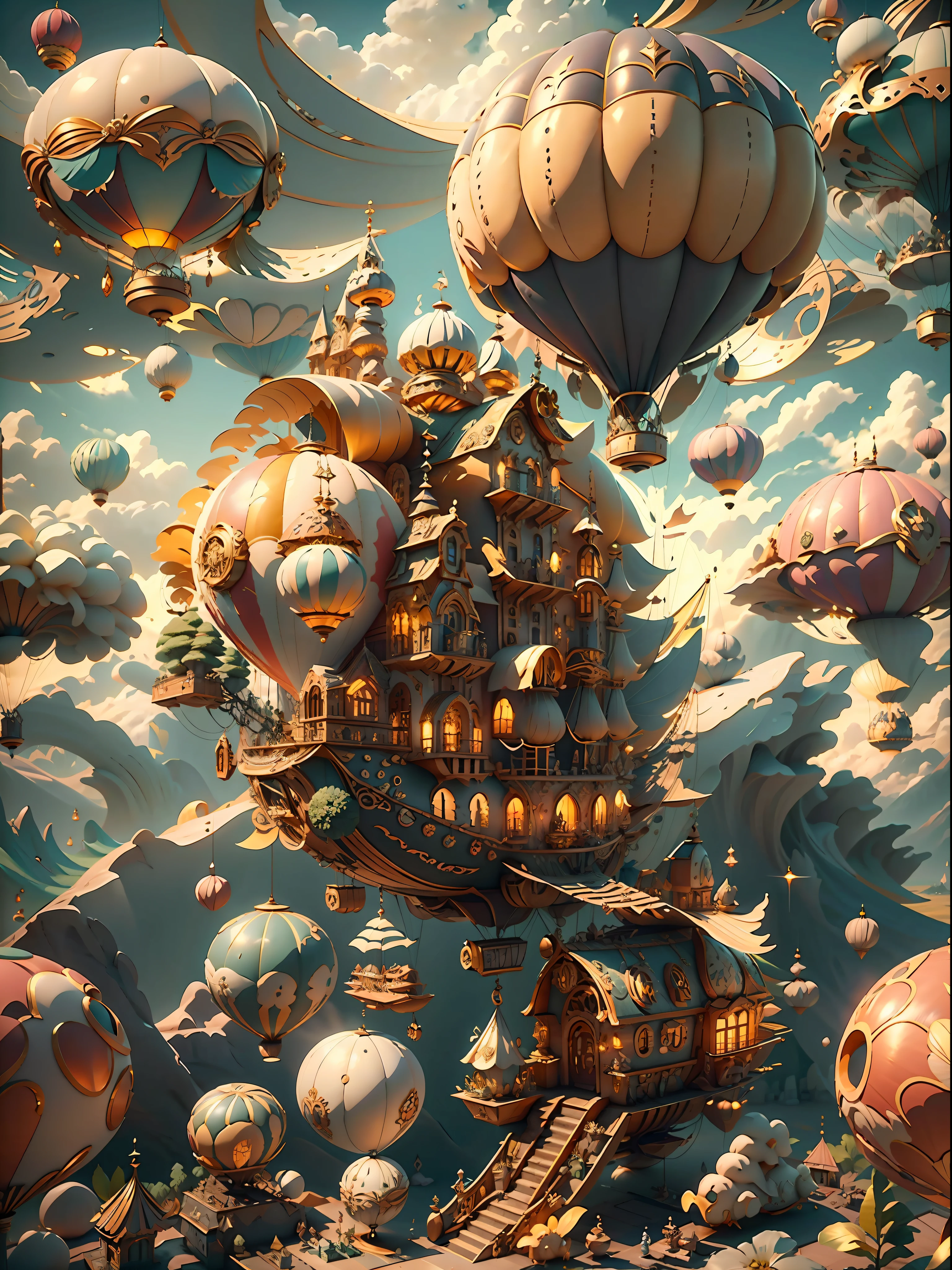 FairyTalai飞艇, 热气球, 飞艇ZonaiIAI,, 户外, 云,, 第一份工作, 趋势, 8千, 场景包括充满蘑菇和五彩斑斓的生物的魔法森林, 并且可以听到背景中的音频波. 图像在热, 色彩缤纷的风格，注重对比度和纹理, 亮反光白: 1.5, 橙色发光纹理: 1.3