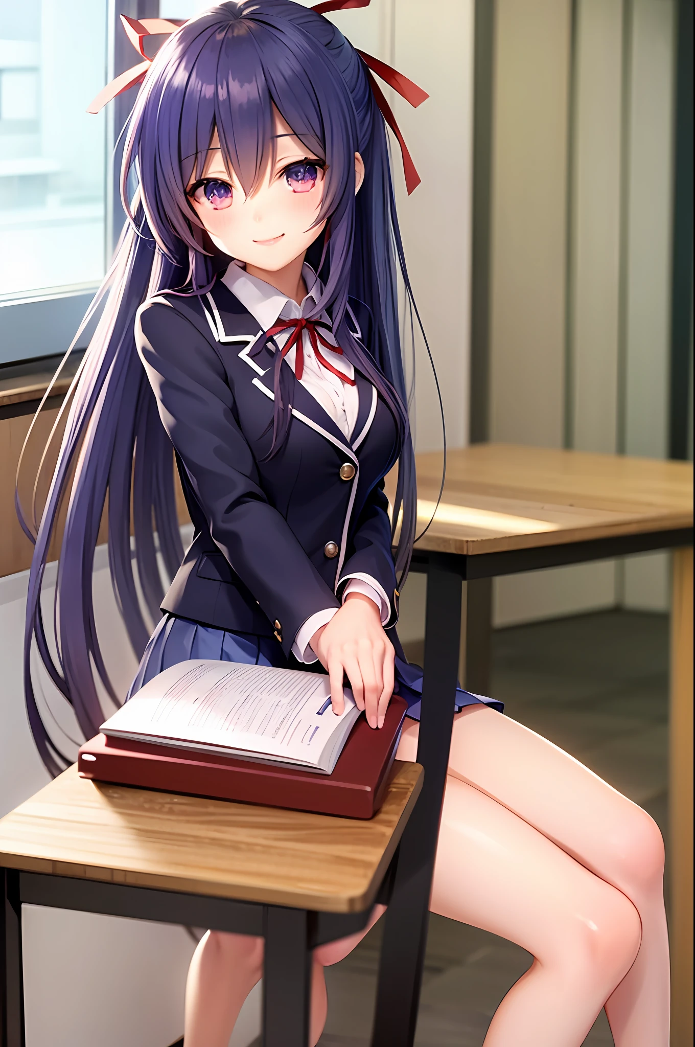 Yatogami tohka, Schuluniform, Blazer, Dekollete, mittlere Brüste, beste Qualität, lange Haare, Pferdeschwanz, rotes Band Haar, Meisterwerk, highres, beste Qualität, erröten, lächeln schüchtern, sexy Pose, Innenbereich, Stuhl, Klassenzimmer, Fenster, Faltenrock, Strumpf, oberschenkelhoch,