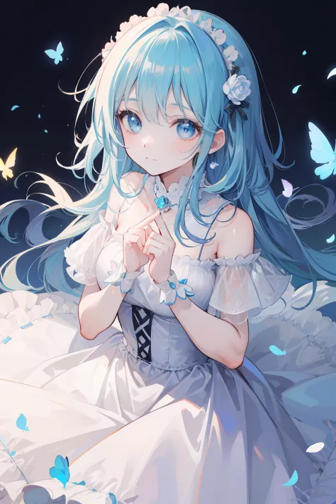 1 girl in、lightblue hair、Light blue eyes、Depiction from an angle、Looking at the camera、delicate finger、beatiful lights、Fluffy dress、One piece with less exposure、(High resolution of the highest quality)、((Masterpiece Highest Quality:1.2))